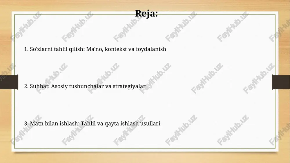 di, ularda so'z birikmalarini aniqlash va grammatik tuzilishni baholash orqali ma'noni izlash ko'rsatiladi. morfologik tahlil: so'z tuzilishini o'rganish morfologik tahlil so'zning 3 asosiy qismiga e'tibor qaratadi: o'zak, affiks (qo'shimchalar), va so'z turkumini aniqlash. bu jarayon so'zning ma'nosini tushunishda muhim 2 bosqichni o'z ichiga oladi. o'zbek tilida so'zlarning morfologik tuzilishi 5 xil tipga bo'linadi, har bir tip o'ziga xos affikslar to'plamiga ega. bu tahlil 10 dan ortiq so'z turkumini ajratishga yordam beradi. matn bilan ishlash asoslari 'tokenization' matnni kichik qismlarga, masalan so'zlarga bo'lish jarayonidir va bu tabiiy tilni qayta ishlashning (nlp) muhim qadamidir. matn tahririda muntazam ifodalardan (regex) foydalanish matndagi naqshlarni aniqlash va almashtirishda samaradorlikni oshiradi, masalan, elektron pochta manzillarini ajratib olish. e'tiboringiz uchun rahmat @taqdimot_robot image8.jpg image9.jpg image10.jpg image11.jpg image12.jpg image13.jpg image14.jpg image3.png image4.png
