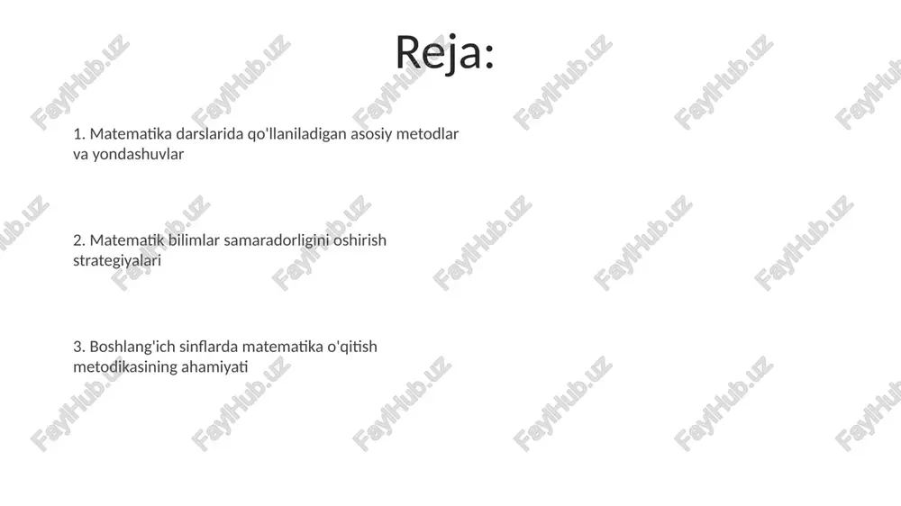 n boshlanishi, asta-sekin murakkabroq vazifalarga o'tishi kerak, bu o'quvchilarning ishonchini oshiradi va tushunishini yaxshilaydi. boshlang'ich sinflarda matematikani o'qitish usullari va strategiyalari problemaga asoslangan o'qitish (pao) strategiyasi, o'quvchilarga 5-sinfgacha bo'lgan amaliy masalalarni hal qilish orqali matematik tushunchalarni chuqur anglash imkoniyatini beradi. boshlang'ich sinflarda matematikani o'qitishda 'konkret-tasviriy-abstrakt' (kta) yondashuvi muhim. bu o'quvchilarga 10 tagacha raqamlarni vizual obyektlar orqali tushuntirishga yordam beradi. e'tiboringiz uchun rahmat @taqdimot_robot image5.jpg image6.jpg image7.jpg image8.jpg image9.jpg image1.jpeg image2.jpeg