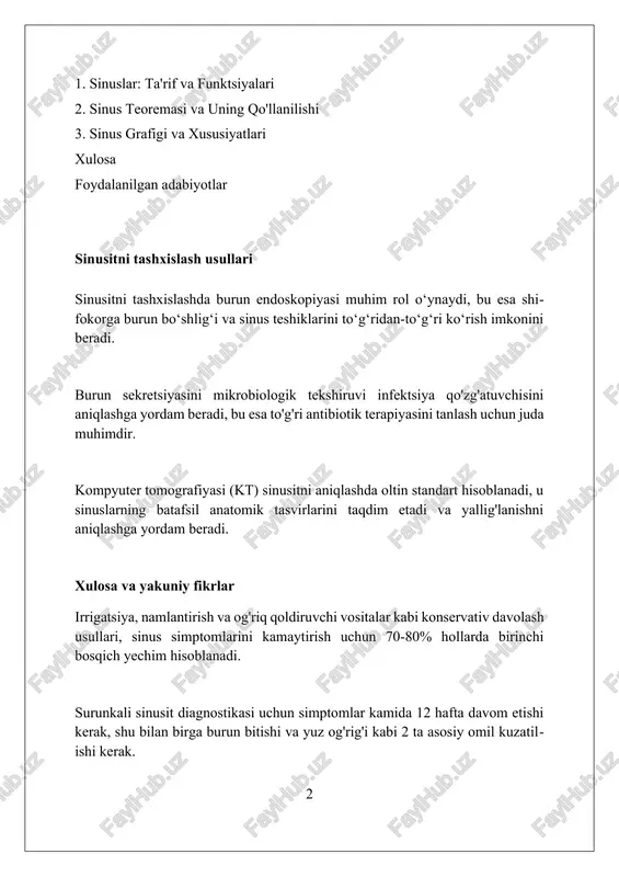 inuslarning shishishi, tiqilishi va sekretsiya ko'payishiga olib keladi. allergik sinusitda allergenlar immunitet tizimini faollashtirib, ige antitelolarini ishlab chiqarishga olib keladi, bu esa yallig'lanish mediatorlarining ajralishiga sabab bo'ladi. allergiya sinuslarga ta'sir qilib, surunkali sinusitga olib kelishi mumkin, bunda yallig'lanish uch oydan ko'proq davom etadi va nafas olish qiyinlashuviga sabab bo'ladi. dori vositalari bilan davolash kortikosteroid burun spreylari, misol uchun flutikazon va mometazon, sinus shilliq qavatining yallig'lanishini kamaytiradi, yaxshilanish uchun bir necha hafta davomida muntazam foydalanish kerak. antigistaminlar, masalan, loratadin yoki setirizin, allergik rinit tufayli sinus yallig'lanishini kamaytirish uchun h1 retseptorlarini bloklaydi. dekonjestantlar, jumladan, psevdoefedrin va fenilefrin, burun bo'shlig'idagi qon tomirlarini qisqartirib, burun tiqilishini kamaytiradi, lekin uzoq muddatli foydalanish cheklangan. sinusit: yallig'lanish sabablari burun bo'shlig'ining anatomik tuzilishi, masalan, burun to'sig'ining qiyshayishi, sinusitning 10-15% holatlarida yallig'lanish xavfini oshiradi. yuqori nafas yo'llarining virusli infeksiyalari, ayniqsa rinoviruslar 70-80% hollarda sinusitga sabab bo'lib, shilliq qavatning yallig'lanishiga olib keladi. allergik rinit, taxminan 20-30% odamlarda uchraydi, burun shilliq …