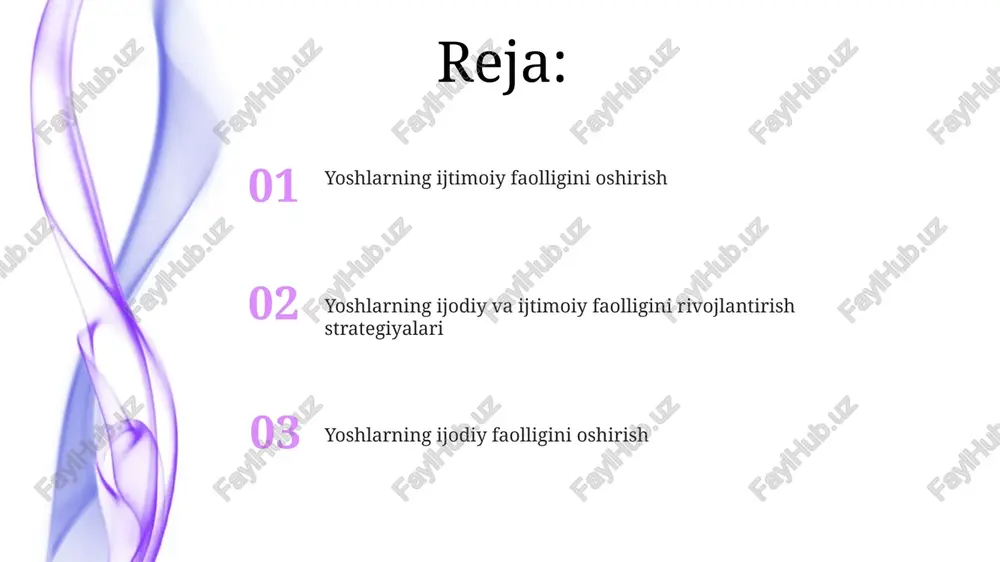 chun 20 dan ortiq ijodiy to'garaklar tashkil etish, ularning iqtidorini namoyon etishga yordam beradi. har bir hududda 'yosh ijodkorlar markazi'ni tashkil etish, kamida 30 ta ijodiy loyihani amalga oshirish va yoshlarni qo'llab-quvvatlashni ta'minlash muhim. ijodiy tanlovlar va festivallarni ko'paytirish, kamida 15 ta yangi platforma yaratish orqali yoshlarning ijodiy mahoratini oshirishga xizmat qiladi. yoshlarning ijodiy va ijtimoiy faolligini oshirish ijtimoiy faollikni oshirish uchun mahalliy hokimliklar 18-25 yoshdagi yoshlar uchun kamida 3 ta loyiha tashkil etishi kerak, bunda o'z hududini obodonlashtirish ko'zda tutiladi. yoshlar markazlarida bepul darslar tashkil qilish orqali 14-17 yoshdagi o'smirlar o'rtasida ijodiy mashg'ulotlar soni 40% ga ortishi mumkin. yoshlar ijodini rivojlantirish uchun steam (fan, texnologiya, muhandislik, san'at, matematika) yo'nalishlariga investitsiya kiritish 25% ga o'sishga yordam beradi. muammoning dolzarbligi: nima uchun bu muhim? yoshlarning 65 foizi ijtimoiy faollik va ijodiy qobiliyatlarni rivojlantirish uchun yetarli imkoniyatlar yo'qligini ta'kidlamoqda, bu esa e'tiborni kuchaytirishni talab etadi. yoshlarning ijodiy va ijtimoiy faolligining pastligi, ularning …