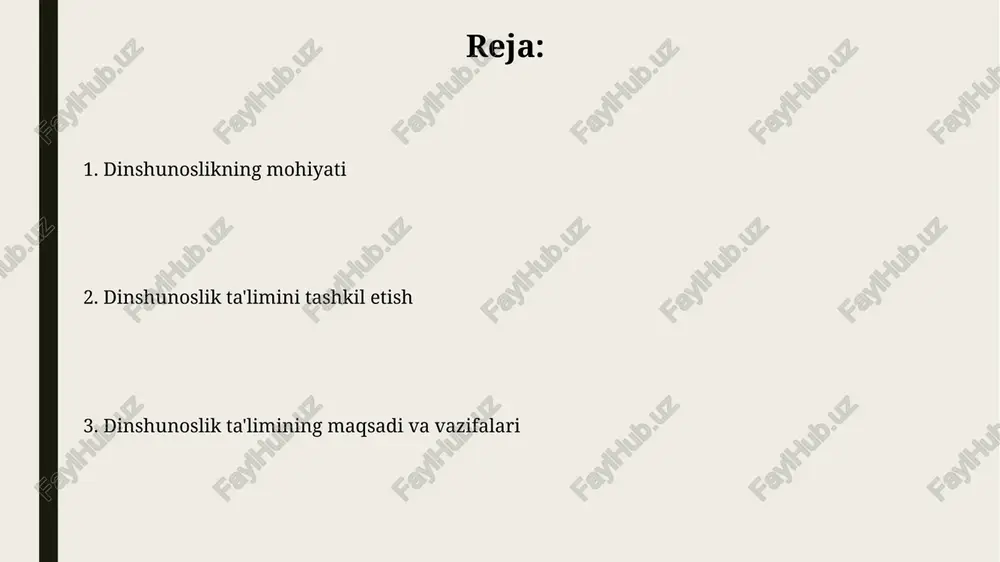urli diniy tizimlarni, e'tiqodlarni va rasm-rusumlarni ilmiy, tanqidiy tahlil qilish orqali insoniyat madaniyatini tushunishga yordam berishdir. dinshunoslik ta’limining metodlari qiyosiy dinshunoslik metodi turli dinlarni umumiy jihatlar va farqlari orqali solishtirib, ularning 2 asosiy falsafiy ildizlari hamda 5 xil rasm-rusumlarini aniqlashga yordam beradi. dinshunoslik ta’limida tarixiy-tanqidiy metod muhim: muqaddas matnlarni tahlil qilib, ularning paydo bo'lishi va o'zgarishini 19-asr tadqiqotlari asosida o'rganamiz. dinshunoslik ta’limining muammolari va yechimlari o'qituvchilarning diniy fanlar bo'yicha malakasini oshirish, ilg'or pedagogik texnologiyalardan foydalanish darajasi pastligi ta'lim sifatini pasaytiradi. diniy matnlarni zamonaviy kontekstda talqin qilishdagi qiyinchiliklar, talabalarda 21-asr talablariga javob beradigan amaliy ko'nikmalarning shakllanmasligiga olib keladi. dinshunoslikning maqsad va vazifalari dinshunoslikda 5 ta asosiy metodologiya qo'llaniladi, ular dinlarning ijtimoiy, siyosiy va axloqiy jihatlarini o'rganishga yordam beradi va dinning jamiyatdagi rolini aniqlaydi. dinshunoslikning vazifalaridan biri - diniy ekstremizm va murosasizlikning oldini olish uchun 3 ta asosiy omilni tahlil qilib, diniy bag'rikenglik va o'zaro hurmatni targ'ib qilishdir. dinshunoslik ta’limining tamoyillari dinshunoslik …
