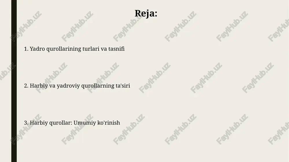 higa oladi, ularning kritik massasi zanjir reaktsiyasini qo'zg'atib, 10^15 j ga yaqin energiya ajratadi. yadro portlashining asosiy ta'siri - bu zarba to'lqini, issiqlik nurlanishi va ionlashtiruvchi radiatsiya, bu bevosita zararlanish radiusida 50-80% halokatga olib kelishi mumkin. e'tiboringiz uchun rahmat @taqdimot_robot image2.jpg image3.jpg image4.jpg image5.jpg image6.jpg