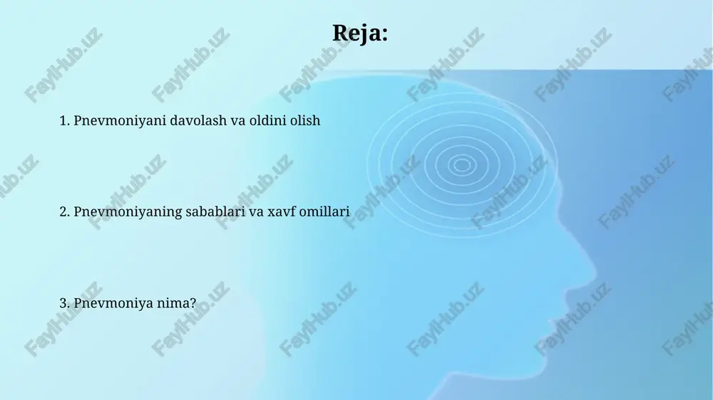 -4 barobar oshiradi, ayniqsa surunkali chekuvchilarda. immun tizimining susayishi, masalan, oiv/oits yoki immunosupressiv dorilar qabul qilganda, bakteriyalar va viruslar bilan kurashish qobiliyatini pasaytirib, pnevmoniya xavfini 5-10 barobar oshiradi. pnevmoniyaning sabablari zamburug'li pnevmoniya kam uchraydi, lekin immuniteti zaif odamlarda, masalan, oiv/oitsga chalingan yoki transplantatsiyadan keyingi bemorlarda *pneumocystis jirovecii* kabi zamburug'lar bilan kasallanish kuzatiladi. ko'pgina pnevmoniya holatlariga bakteriyalar sabab bo'ladi, ayniqsa *streptococcus pneumoniae*. ushbu mikroorganizm o'pkaning yallig'lanishiga olib keladi va qon oqimi orqali tarqalishi mumkin. prognoz pnevmoniya bilan kasallangan bemorlarning prognozi, kasallikning og'irligi va bemorning yoshiga bog'liq bo'lib, 65 yoshdan oshganlarda o'lim xavfi yuqoriroq, taxminan 15-20% ni tashkil etadi. kasallikning og'ir shakllarida, masalan, o'pka absesi yoki empiemasi kabi asoratlar paydo bo'lganda, prognoz yomonlashadi va davolanish muddati 2-3 haftagacha cho'zilishi mumkin. uy sharoitida davolash uy sharoitida davolashda shifokor nazorati ostida antibiotiklar (masalan, amoksitsillin) qabul qilish, dam olish va ko'p suyuqlik ichish muhim, kamida 2-3 litr suv. uy sharoitida davolanishda havo namligini 60-70% gacha …