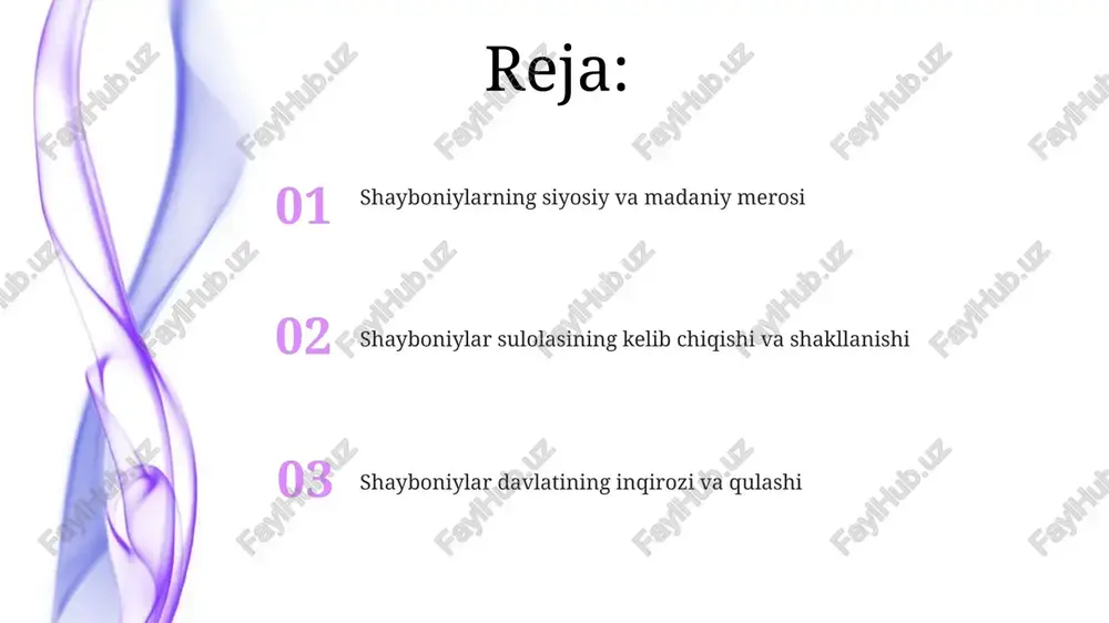 n maslahatchisi edi. shayboniylar davlati 16-asrda hokimiyatni markazlashtirishga intildi, viloyatlar hokimlari (sultonzodalar) tayinlanib, ularning vakolatlari qat'iy belgilab qo'yildi, soliqlar esa aniq qoidalarga asoslandi. ichki nizolar va taxt uchun kurash iskandarxon davrida (1561-1583) markaziy hokimiyat zaiflashdi, bu esa mahalliy hokimlar va amirlarning mustaqillikka intilishini kuchaytirdi va taxt uchun kurashni avj oldirdi. shayboniylarning o'zaro ichki nizolari, ayniqsa 1512-yildagi kulmal ko'li jangidan so'ng, hokimiyat uchun o'zaro kurashlarni kuchaytirdi va davlatni zaiflashtirdi. shayboniylar sulolasi: kirish shayboniylar sulolasi, jo'jining o'g'li shaybonxon avlodidan bo'lib, xv asr oxirida movarounnahrda temuriylarga qarshi kurash olib borgan ko'chmanchi o'zbek qabilalarini birlashtirdi. muhammad shayboniyxon 1500-yilda samarqandni egallab, shayboniylar davlatiga asos solgan. uning hukmronligi davrida movarounnahr siyosiy va iqtisodiy jihatdan yuksalishga erishdi, ammo 1510-yilda marv yaqinida safaviylar tomonidan mag'lub etildi. shayboniylarning merosi shayboniylar davlati 1599-yilda ashtarxoniylar tomonidan ag'darilgunga qadar, dehqonchilik irrigatsiya tizimlarini yaxshilash orqali iqtisodiyotni rivojlantirishga katta e'tibor qaratgan. shayboniylar davrida movarounnahr shaharlarida 1507-1510 yillarda yangi madaniy yuksalish kuzatildi, bu davr adabiyot …