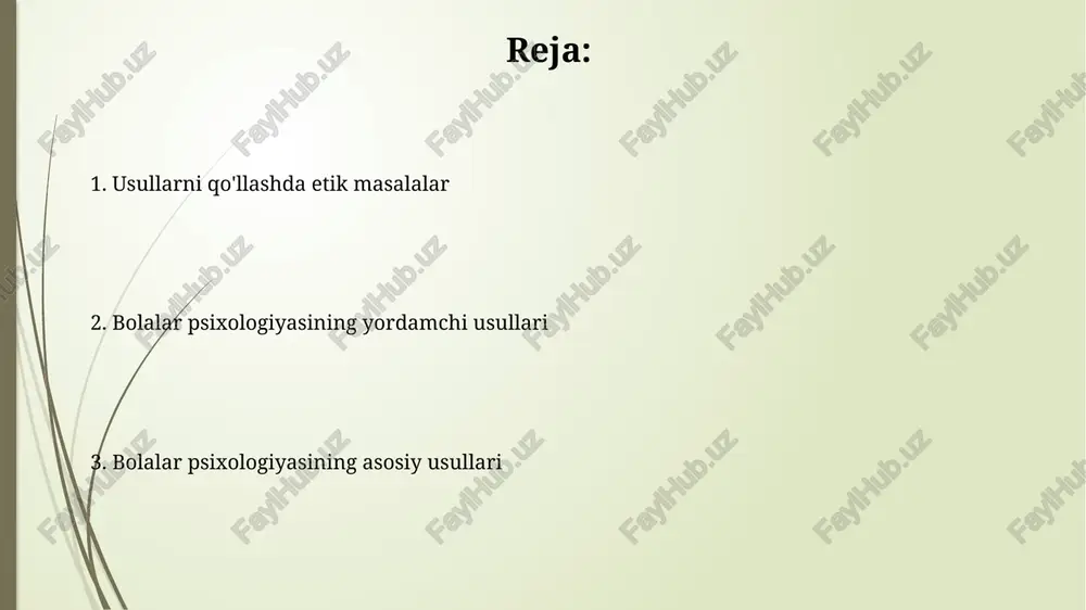 llaniladi, bunda o'z-o'zini baholash, qiziqishlar va xatti-harakat motivlari 7 ballik shkala bo'yicha baholanadi. matematik-statistik usul ushbu usul regressiya tahlili va korrelyatsiya koeffitsienti kabi vositalar yordamida bolalar xulq-atvoriga ta'sir etuvchi omillar o'rtasidagi bog'liqlikni aniqlash va baholash uchun muhim ahamiyatga ega, 0 dan 1 gacha oraliqda. matematik-statistik usul bolalar psixologiyasida miqdoriy ma'lumotlarni qayta ishlashda qo'llaniladi, masalan, o'rtacha ko'rsatkichlar, dispersiya va standart og'ishni hisoblash orqali xulosalar chiqarish imkonini beradi. proektiv usullar ushbu usullar sub'ektlarning ichki kechinmalarini, shu jumladan ongsiz istaklari va qo'rquvlarini tashqi stimullarga bo'lgan javoblarida namoyon qilishiga asoslanadi. bolalarda proyektiv testlar, masalan, "oilani chizish" testi, ularning oilaviy munosabatlari va 12 yoshgacha bo'lgan bolaning his-tuyg'ularini tahlil qilishga yordam beradi. eksperiment usuli eksperiment usuli sabab-oqibat bog’liqliklarini aniqlashda muhim rol o’ynaydi, unda o’zgaruvchilar manipulyatsiya qilinadi va bolaning xatti-harakatiga ta’siri 0 dan 1 gacha baholanadi. nazorat guruhi bilan taqqoslash orqali eksperiment usuli, masalan, 5 yoshli bolalarning o'yinchoq tanlashiga ta'sir etuvchi omillarni 2 hafta davomida o'rganishga imkon …