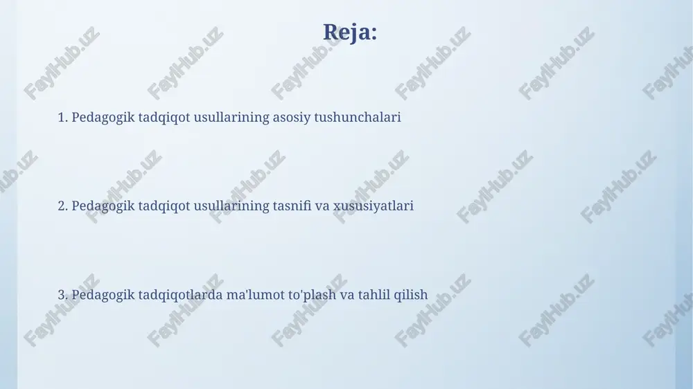 asosida pedagogik hodisaning sababiy bog'lanishini taxmin qilishdan iboratdir. asoslashda ilmiy adabiyotlar tahlili, 20-30 ta o'xshash tadqiqotlar natijalari va empirik ma'lumotlar yordamida gipotezaning ehtimolligi ko'rsatiladi. tadqiqot metodologiyasi: sifat va miqdoriy yondashuvlar sifatli tadqiqotlar chuqur tushunishga intiladi, faktlarni emas, balki tajribalarni o'rganadi. misol uchun, etnografik tadqiqotlar o'quvchilarning sinfdagi xatti-harakatlarini kuzatadi. miqdoriy yondashuvlar raqamli ma'lumotlarga asoslanadi, statistik tahlilni qo'llaydi. masalan, test natijalarini tahlil qilish orqali o'quvchilarning o'zlashtirish darajasini aniqlash mumkin. kuzatuv metodi: turlari, afzalliklari va kamchiliklari kuzatuvning turlari xilma-xildir: strukturaviy kuzatuvda 5w1h (kim, nima, qachon, qayerda, nega, qanday) savollariga javob izlanadi, strukturaviy bo'lmaganida esa erkin kuzatiladi. kuzatuv metodining afzalligi tabiiylikdir: sub'ekt o'zini odatdagidek tutadi, tadqiqotchi esa real xatti-harakatlarni kuzatadi, bu esa yuqori 85% ishonchlilikni ta'minlaydi. so‘rov metodi: anketalar va intervyular so'rov metodi, anketalar orqali, respondentlardan 10-15 daqiqa ichida yozma javoblar olish imkonini beradi, katta hajmdagi ma'lumotlarni tez yig'ish uchun qulaydir. intervyular, 30-60 daqiqa davom etadigan shaxsiy suhbatlar orqali chuqur ma'lumot olishga yordam beradi, …