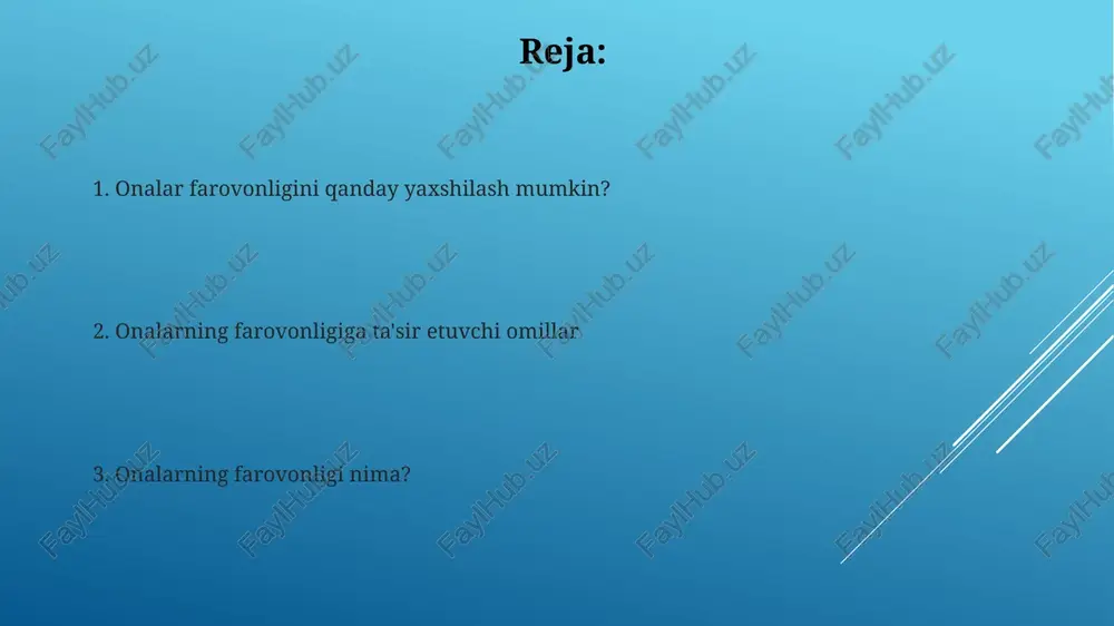 orqali tanani parvarish qilishni nazarda tutadi. ruhoniylikni qondirish ma'naviy qoniqish hissasi, o'z navbatida, onalarda charchoqni 25% gacha kamaytirishi, optimizmni oshirishi va umumiy farovonlikni yaxshilashi mumkin. ruhoniylikni qondirish, 3-darajali ehtiyoj sifatida, shaxsiy qadriyatlar va ma'naviy amaliyotlar orqali hayotga chuqurroq ma'no berishga intilishni anglatadi. jismoniy salomatlikni qo'llab-quvvatlash muntazam tibbiy ko'riklar, shu jumladan qon bosimini o'lchash va saraton skriningi, onalar salomatligini erta bosqichda aniqlash va davolash uchun juda muhim. ona tanasining quvvatini tiklash uchun haftasiga kamida 150 daqiqa o'rtacha intensivlikdagi mashqlarni bajarish, yurak-qon tomir tizimini mustahkamlaydi va kayfiyatni yaxshilaydi. e'tiboringiz uchun rahmat @taqdimot_robot image2.jpg image3.jpg image4.jpg image5.jpg image6.jpg image7.jpg image8.jpg