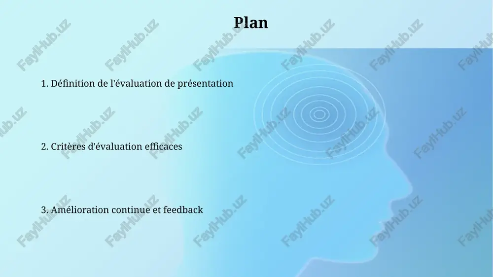 s stratégiques. chaque axe se décline ensuite en actions spécifiques, chiffrées et datées. un plan d'action définit des étapes concrètes et mesurables, avec des échéances précises. 80% du plan peut se concentrer sur les 20% des actions générant le plus d'impact, maximisant l'efficacité. critères d'évaluation l'organisation de la présentation, notée sur 10 points, évalue la structure logique, la fluidité des transitions et la clarté du fil conducteur pour garantir une compréhension optimale. l'impact visuel, comptant pour 15% de la note, examine la qualité des supports (diapos, vidéos), leur pertinence par rapport au contenu, et leur esthétique générale. analyse des résultats cette étape examine en détail les données chiffrées, comme les moyennes, les écarts-types et les pourcentages, pour valider ou réfuter les hypothèses initiales sur l'audience cible. l'analyse quantitative des résultats révèle des métriques précises, telles que le taux de rétention de 60% ou un score moyen de satisfaction client de …