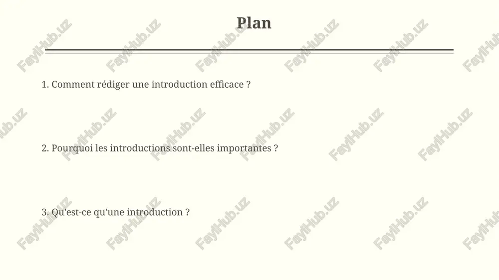 t l'engagement initial. elle établit un cadre contextuel, reliant le sujet à des connaissances existantes ou à des problèmes concrets, favorisant ainsi une compréhension plus approfondie de 20 à 40%. structure d'une introduction typique une bonne introduction présente souvent un objectif clair, avec un énoncé de thèse principal et 2 ou 3 arguments clés résumés pour une compréhension rapide du lecteur. l'introduction typique comprend souvent 3 parties : une phrase d'accroche (1), la présentation du sujet (2) et l'annonce du plan (3), guidant le lecteur. erreurs courantes à éviter dans une introduction ne pas révéler 30 % de votre argument principal dès l'introduction est une erreur. il faut intriguer et donner envie d'en savoir plus, pas tout dévoiler en seulement une ou deux phrases. omettre un énoncé de thèse clair est une erreur fréquente. il doit résumer votre argument principal en 25 à 35 mots, donnant ainsi au lecteur un …