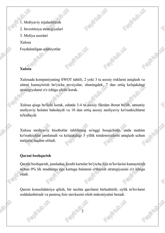 nzaktsiyalarni qayta ishlashda xavfsizlik va shaffoflikni oshirish uchun 128-bitli shifrlash kabi ilg'or kriptografik usullarni qo'llaydi. sun'iy intellekt (ai) va mashinani o'rganish (ml) algoritmlari kreditlashda riskni baholashni yaxshilash uchun ishlatiladi, bu esa 30% gacha soxta arizalarni aniqlash va kamaytirishga yordam beradi. mobil to'lovlar fintechning asosiy qismidir, global miqyosda 2024-yilga kelib 1,5 trillion dollardan oshishi kutilmoqda, bu esa an'anaviy bank xizmatlariga muqobil yechim taklif etadi. moliyaviy tahlil moliyaviy tahlil gorizontal tahlildan (yilma-yil oʻzgarishlar) va vertikal tahlildan (umumiy miqdordagi foizlar) foydalanadi, bu balans va daromad hisobotida oʻzgarishlar sababini aniqlashga yordam beradi. moliyaviy tahlil kompaniyaning 10-k shakllari kabi hisobotlaridan olingan oʻtmishdagi maʼlumotlarni baholashni oʻz ichiga oladi, bu kelajakdagi faoliyatni prognoz qilishga yordam beradi. likvidlik koʻrsatkichlari, qarz koʻrsatkichlari va rentabellik koʻrsatkichlari kabi asosiy koʻrsatkichlar 2:1 nisbati yoki 15% roi kabi maqsadlar bilan solishtiriladi, bu esa kompaniyaning moliyaviy salomatligini baholaydi. investitsiyalar portfel investitsiyalari turli xil aktivlarga, jumladan, ko‘chmas mulkka 30% gacha investitsiya qilish orqali xavflarni kamaytirishga …
