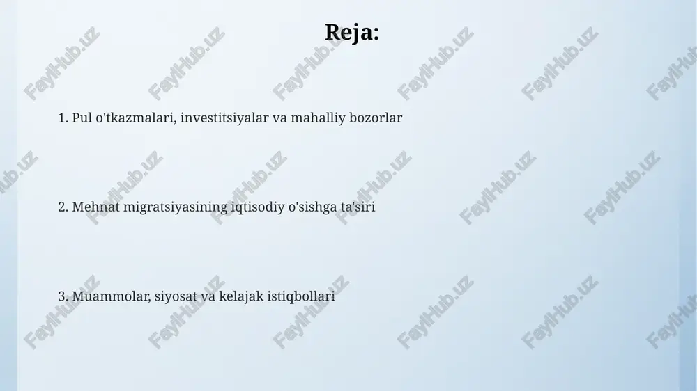 uvi migratsiya siyosati ko'pincha 10 dan ortiq vazirlik va idoralar o'rtasida muvofiqlashtiriladi hamda migratsiya oqimlarini boshqarish uchun qonuniy asoslar va 3 bosqichli tekshiruv tizimini yaratishga qaratilgan. migratsiya siyosati odatda mehnat migratsiyasining iqtisodiy o'sishga ta'sirini optimallashtirish uchun mo'ljallangan kvotalar, 2 yilgacha vizalar va chet elda ishga joylashish dasturlarini o'z ichiga oladi. migratsiya siyosati va boshqaruvi migratsiyaning ijtimoiy-iqtisodiy oqibatlari ijtimoiy oqibatlarga oilalarning ajralishi kiradi, bu esa bolalar tarbiyasiga salbiy ta'sir ko'rsatishi mumkin. tadqiqotlar shuni ko'rsatadiki, 20% gacha bolalar psixologik muammolarga duch kelishi mumkin. migratsiya mehnat bozori dinamikasiga ta'sir etadi, xususan, malakali ishchi kuchining 15% gacha kamayishiga olib kelishi mumkin, bu esa ayrim sohalarda ish unumdorligini pasaytiradi. pul o'tkazmalari o'zbekistonda yaimning taxminan 10-12% ini tashkil etadi va aholining iste'mol darajasini oshiradi, lekin mahalliy ishlab chiqarishni rivojlantirishga yetarli darajada yo'naltirilmaydi. mehnat migratsiyasining ta'rifi va turlari mehnat migratsiyasi nol malakali, o'rta malakali, yoki yuqori malakali ishlarni bajarish uchun bo'lishi mumkin. masalan, 2023-yilda 1 milliondan ortiq …