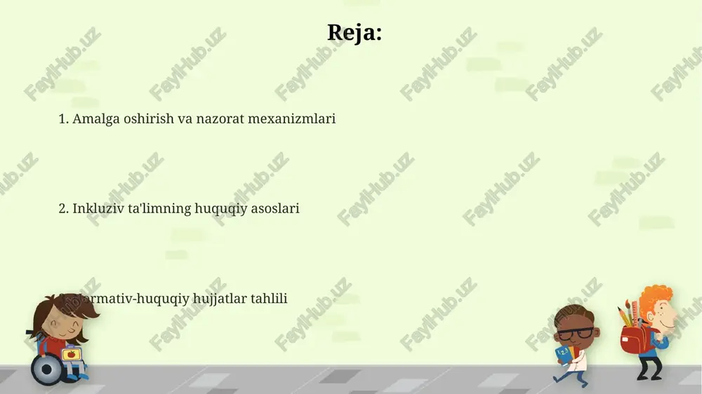 rnatlarni inklyuziv ta'limga bosqichma-bosqich o'tkazishni nazarda tutadi. inclusiv ta'limni moliyalashtirish mexanizmlari informatisya inklusiv ta'limni moliyalashtirishda davlat budjetidan maxsus grantlar ajratiladi, kamida 10% inklyuziv dasturlarga yo'naltiriladi, shuningdek, mahalliy hokimliklar ham mablag' ajratadi. informatisya konstitutsiyaviy kafolatlar va inson huquqlari oʻzbekiston respublikasi konstitutsiyasining 36-moddasi har bir shaxsning malakali tibbiy xizmatdan foydalanish huquqini kafolatlaydi, bu inklyuziv taʼlimda alohida ehtiyojli bolalar uchun juda muhim. konstitutsiyaning 18-moddasiga binoan, oʻzbekistonda barcha fuqarolar huquqlari teng, bu inklyuziv taʼlimning asosiy tamoyillaridan biri hisoblanadi, hech kim kamsitilmasligi kerak. konstitutsiyaning 41-moddasi taʼlim olish huquqini belgilaydi. bunga ko'ra, davlat bepul umumiy taʼlim olishni kafolatlaydi, shu jumladan, inklyuziv ta’lim dasturlarining qonuniy asosidir. maktabgacha ta'limdagi inclusiya masalalari o'zbekistonda "ta'lim to'g'risida"gi qonunning 4-moddasiga muvofiq, barcha bolalar, shu jumladan imkoniyati cheklangan bolalar uchun maktabgacha ta'lim olish huquqi kafolatlanadi. maktabgacha ta'limdagi inclusiya masalalari 2020-yilda qabul qilingan "inson huquqlari bo'yicha milliy strategiya"da inklyuziv ta'limni rivojlantirish, jumladan maktabgacha ta'lim muassasalarida inklyuziv muhit yaratish vazifasi belgilangan. xalqaro konvensiyalar va shartnomalar …