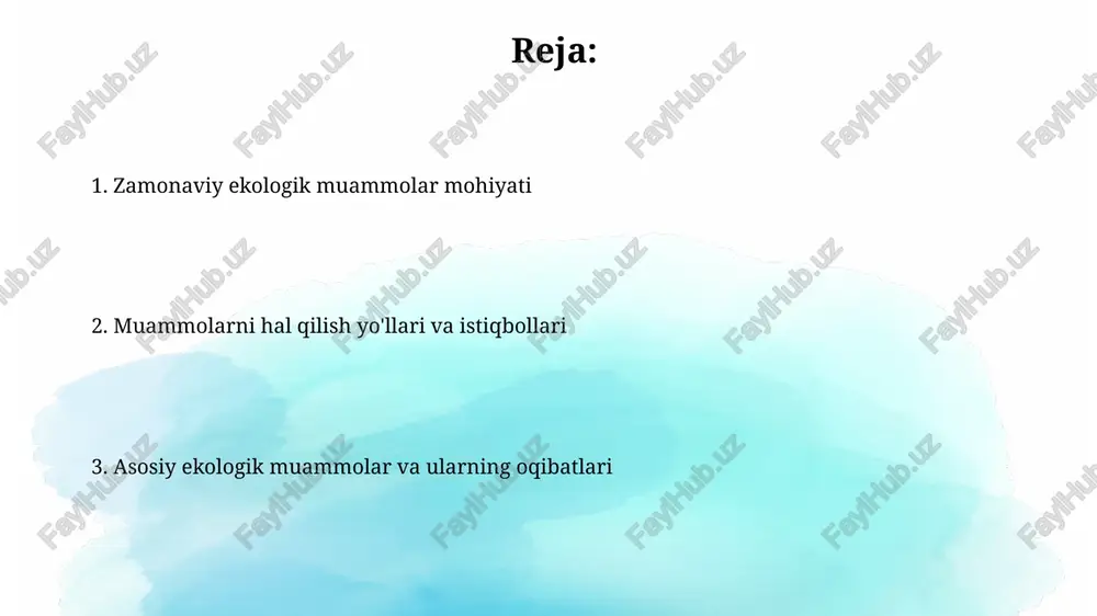 pm2.5 zarrachalari konsentratsiyasining oshishi bilan bog'liq. bu nafaqat nafas olish tizimi kasalliklarini, balki o'rtacha umr ko'rish davomiyligini ham qisqartirmoqda. tabiiy resurslarning kamayishi o'rmonlarning kesilishi natijasida har yili 13 million gektar o'rmon yo'qotilmoqda. bu biodiverzifikatsiyaga zarar yetkazadi, karbonat angidridning emissiyasini oshiradi va iqlim o'zgarishiga hissa qo'shadi. yer resurslarining degradatsiyasi 33% gacha yerlarning unumdorligini yo'qotishiga olib keladi, bu esa global oziq-ovqat xavfsizligiga salbiy ta'sir ko'rsatadi va 9 milliard aholining oziqlanishi muammosini keltirib chiqaradi. barqaror rivojlanishga o'tish barqaror rivojlanish maqsadlariga erishish uchun hukumatlar 5 yil ichida ekologik soliqlar va subsidiyalarni 40% ga ko'paytirishi, barqaror iste'molni rag'batlantirishi zarur. barqaror rivojlanishga o'tish 2030-yilgacha global haroratning 1,5 daraja selsiyga ko'tarilishini cheklash maqsadida qayta tiklanadigan energiya ulushini 60% ga oshirishni talab etadi. e'tiboringiz uchun rahmat @taqdimot_robot image2.jpg image3.jpg image4.jpg image5.jpg image6.jpg image7.jpg image8.jpg image1.png