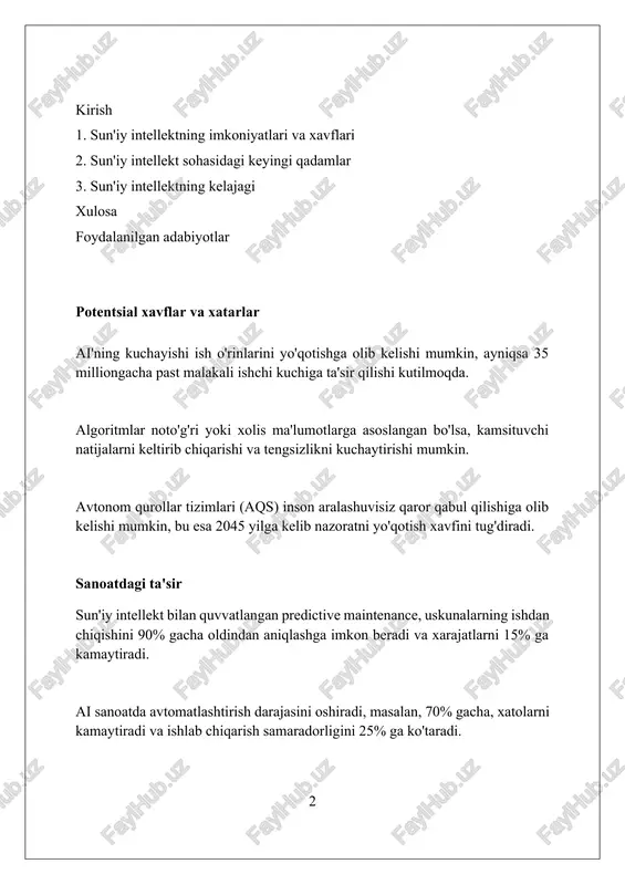 ga erishishni o'z ichiga oladi. kirish, ayniqsa, chuqur o'rganish modellarida muammolarni hal qilish uchun muhim, bu erda gradientlarning yo'qolishi yoki portlashi bilan bog'liq muammolar mavjud. kirish - bu neyron tarmoqlarning o'quv jarayonida qo'llaniladigan matematik tushuncha bo'lib, u signallarni buzilishlarsiz tarqatishga yordam beradi. xulosa ai texnologiyalari 2030 yilga qadar sog'liqni saqlash sohasida 75% gacha aniq tashxis qo'yish imkoniyatini beradi, bu esa kasalliklarni erta aniqlashga yordam beradi. xulosa shundan iboratki, 2040 yilga kelib ai ko'p sohalarda 90% avtomatlashtirishga erishadi, bu esa mehnat bozorida jiddiy o'zgarishlarga olib kelishi mumkin. kelajakda ai 5g tarmog'i orqali 60% ko'proq ma'lumotlarni tahlil qila oladi, bu esa shaharlarni boshqarish va transport tizimlarini optimallashtirishga yordam beradi. innovatsiyalar va imkoniyatlar ai ta'limda shaxsiy o'quv dasturlarini ishlab chiqishda 75 foizga samarali bo'ladi, bu talabalarning bilim olish jarayonini optimallashtiradi. kvant kompyuterlari bilan integratsiya ai modellarining murakkab ma'lumotlarni qayta ishlash tezligini 1000 barobarga oshiradi va yangi algoritmlar yaratadi. ai-ning kelajagi 2030-yilga borib sog'liqni …