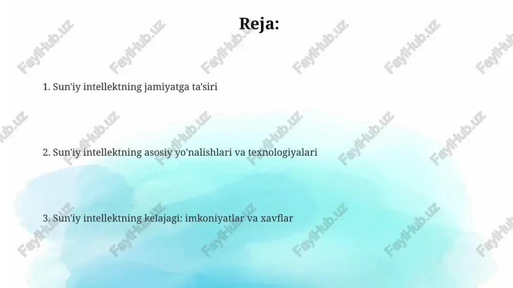 hda juda rivojlangan, lekin adversarial hujumlarga nisbatan zaifdir va uning qarorlari izohlanishi qiyin bo'lishi mumkin. generativ ai, masalan, katta til modellari (llm), tasvir yaratishda yuqori natijalarga erishdi, lekin ular hali ham faktik xatolarga yo'l qo'yadi va ijodiy cheklovlarga ega. mustahkam o'rganish (reinforcement learning) robototexnika va o'yinlarda katta muvaffaqiyatlarga erishdi, lekin murakkab real dunyo senariylari uchun hali ham resurs talab qiladi va kam moslashuvchan. sun'iy intellektning potentsial qo'llanilishi: sog'liqni saqlash, moliya, ta'lim va boshqalar ta'limda ai individual ta'lim dasturlarini yaratish orqali o'quvchilarning o'zlashtirish ko'rsatkichlarini 30% ga yaxshilaydi va ta'lim resurslaridan foydalanishni optimallashtiradi. moliyada ai algoritmik savdo orqali investitsiya portfellarini 25% ga optimallashtirishi, firibgarlikni aniqlash aniqligini 85% ga oshirishi mumkin. sog'liqni saqlashda ai 90% aniqlik bilan kasalliklarni erta tashxislashga yordam beradi, shu bilan davolanish samaradorligini 60% ga oshiradi va xarajatlarni kamaytiradi. sun'iy intellektning asosiy tendentsiyalari: chuqur o'rganish, tabiiy tilni qayta ishlash va robototexnika robototexnikada, mustaqil harakatlanuvchi robotlar (amr) logistika va ishlab chiqarishda …
