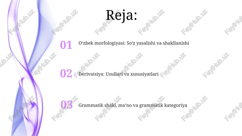 ategoriyalarni aniqlash uning vazifasidir. otlarda derivatsiya va so'z yasalishi so'z yasalishi otlarda 3 usulda amalga oshiriladi: affiksatsiya (qo'shimchalar orqali), kompozitsiya (so'zlarni birlashtirish) va konversiya (bir turkumdan boshqasiga o'tish). "bog'" va "bon" so'zlaridan "bog'bon" (bog'dor) so'zining hosil bo'lishi 2 komponentli kompozitsiyadir. otlarda derivatsiya orqali hosil bo'lgan so'zlarning ma'nosi o'zgargani bilan grammatik kategoriyasi saqlanib qoladi. misol uchun, "ish" (ish) so'zidan "-chi" qo'shimchasi bilan yasalgan "ishchi" (ishchi) so'zi ham ot bo'lib qoladi, faqat ma'nosi 1 qadamga o'zgaradi. otlarda derivatsiya - bu o'zak yoki asosga affikslarni qo'shish orqali yangi so'zlar yaratish jarayoni. masalan, "kitob" (kitob) so'zidan "-xon" affiksini qo'shib "kitobxon" (o'quvchi) so'zi yasaladi, bu 1-darajali derivatsiya hisoblanadi. sifatlarda derivatsiya va so'z yasalishi sifatlarda so'z yasalishi 2 xil usulda sodir bo'ladi: affiksatsiya va kompozitsiya. affiksatsiya orqali "-siz", "-iy" kabi qo'shimchalar bilan yangi sifatlar hosil qilinadi. 3 ta asosiy affiks mavjud. sifatlarda derivatsiya, asosan, affikslar orqali amalga oshiriladi. masalan, "-li" affiksi otlardan sifat yasaydi (masalan, "aql" …