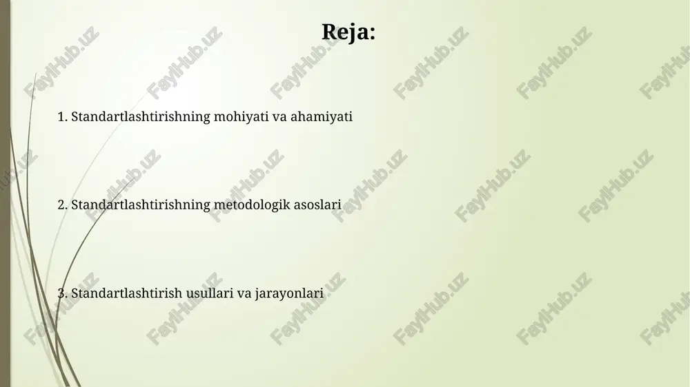 n ifodalanishi mumkin bo'lgan aniq parametrlarga ega. standartlashtirishning maqsadlari va vazifalari standartlashtirishning maqsadlari va vazifalari iqtisodiy samaradorlikni oshirish vazifasi, 70 foizdan ortiq xarajatlarni kamaytirishga qaratilgan. resurslardan oqilona foydalanish va ishlab chiqarish jarayonlarini optimallashtirish. standartlashtirishning metodologik asoslari ma'lumot standartlashtirishning metodologik asosi, texnik reglamentlar va gost kabi standart hujjatlar orqali ifodalangan umumiy tamoyillarni, shuningdek, iso 9001 sifat menejmenti standartlari kabi yondashuvlarni qamrab oladi. standartlashtirish bo'yicha tashkilotlar va institutlar standartlashtirish bo'yicha tashkilotlar va institutlar iso (xalqaro standartlashtirish tashkiloti) global standartlar ishlab chiqaruvchi bo'lib, 24326 dan ortiq xalqaro standartlarni yaratgan. iso a'zolari milliy standartlashtirish institutlaridir, o'zbekiston ham a'zo. standartlashtirishning mohiyati va ahamiyati standartlashtirish 10 foizgacha xarajatlarni kamaytirishga yordam beradi, chunki u o'lchov birliklarini, materiallarni va texnik talablarni birxillashtirish orqali samaradorlikni oshiradi. standartlashtirishning mohiyati va ahamiyati muvofiqlikni baholash va sertifikatlashtirish muvofiqlikni baholash va sertifikatlashtirish muvofiqlikni baholash – mahsulot, jarayon yoki xizmat belgilangan standartlarga, masalan gost 2.303-68 talablariga javob berishini aniqlash bo'yicha 1-qadam. standartlashtirishning iqtisodiy samaradorligi …