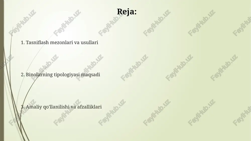 t yig'ish orqali energiya iste'molini 25% gacha kamaytirishi mumkin, bu esa atrof-muhitga ta'sirni kamaytirish va xarajatlarni tejash imkonini beradi. kelajakdagi tendentsiyalar va rivojlanish tipologiyaning asosiy tushunchalari va ta'riflari binolar tipologiyasi muayyan xususiyatlar, masalan, funktsional belgilari, konstruktiv sxemalari va 10 dan ortiq boshqa mezonlar bo'yicha binolar va inshootlarni guruhlash va tasniflashga qaratilgan. tipologiya tipologiyada 3 ta asosiy tushuncha mavjud: tip, sinf va guruh. tip - bu umumiy xususiyatlarga ega bo'lgan ob'ektlarning eng umumiy toifasi, sinf esa 5 dan kam bo'lmagan tipning kichik toifasidir. tipologiyaning asosiy vazifalari tipologiya shaharsozlikdagi vazifalarni ham qamrab oladi, bu yerda hududlarda 2 xil turdagi binolarni, masalan, 3 qavatli turar joy va ofis binolarini joylashtirishni rejalashtiradi. binolar tipologiyasi 5 ta asosiy element, jumladan shakl, konstruksiya, material, miqyos va joylashuv kabi me'moriy xususiyatlarni ta'minlaydi. binolarning funktsional maqsadini aniqlash, masalan, turar joy, sanoat yoki tijorat maqsadlarida foydalanishni belgilash, loyihalashtirishda 1-bosqichda muhimdir. tipologiyaning amaliy qo'llanilishi shaharsozlikda tipologiya hududlarni zonallashtirish, infratuzilma tizimlarini …