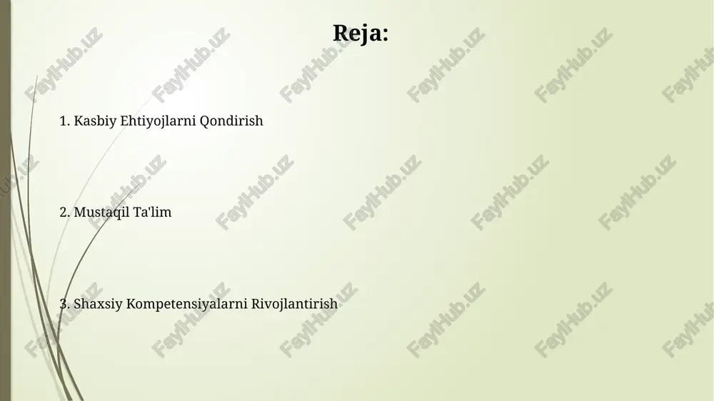 moslashuvchanlik va liderlik qobiliyatlari. doimiy o'sish va rivojlanish uzluksiz rivojlanish sizning 5 yil ichidagi maqsadlaringizga erishish uchun muhim, chunki har bir yangi ko'nikma, masalan, 2 ta yangi dasturiy ta'minotni o'rganish, sizni oldinga siljitadi. rivojlanish strategiyasi shaxsiy swot tahlilini o'tkazishni o'z ichiga oladi, bu sizning 3 ta kuchli va 3 ta zaif tomoningizni aniqlashga, shuningdek, 2 ta imkoniyat va 2 ta xavfni baholashga yordam beradi. resurslar va vositalar "google scholar" kabi qidiruv tizimlari 100 milliondan ortiq ilmiy nashrlarni qidirishga yordam beradi, bu esa professional ehtiyojlar uchun zarur bo'lgan dolzarb ma'lumotlarni topishga ko'maklashadi. onlayn kurs platformalari, misol uchun, coursera, edx va udemy 5000 dan ortiq turli kurslar taklif qiladi, jumladan, bepul kurslar, kasbiy ko'nikmalarni rivojlantirish uchun imkoniyatlar yaratadi. shaxsiy kompetensiyalarning turlari o'zini o'zi boshqarish kompetensiyasi 4ta aspektni o'zida jamlaydi: o'z-o'zini baholash, o'zini motivatsiya qilish, stressni boshqarish va o'z xatti-harakatlarini nazorat qila olish qobiliyatlarini rivojlantirish. empatik kompetensiya 5 ta elementdan iborat: boshqalarning his-tuyg'ularini …