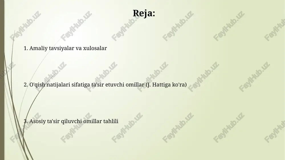 ining samaradorligini baholash uchun yoki bir nechta tadqiqot natijalariga asoslanib, ta'lim strategiyasini optimallashtirish uchun ishlatilishi mumkin. meta-tahlil ko'plab mustaqil tadqiqotlarning natijalarini birlashtirgan statistik tahlil turidir. u o'rtacha effekt o'lchamini hisoblash orqali alohida tadqiqotlarning ziddiyatli natijalarini aniqlashtirishga yordam beradi. sinf muhitining ahamiyati sinf muhitining ahamiyati sinf muhitining ahamiyati teskari aloqa (feedback)ning ahamiyati teskari aloqa samaradorligi uning aniqligiga bog'liq. umuman olganda, "siz yaxshi qildingiz" kabi xabarlarga qaraganda, aniq, vazifaga yo'naltirilgan sharhlar o'rtacha 2-3 barobar ko'proq natija beradi. teskari aloqa (feedback)ning ahamiyati o'quvchining o'zi bilan bog'liq omillar o'quvchining o'ziga ishonchi (self-efficacy) 0.52 ta'sir kuchiga ega. yuqori self-efficacyga ega o'quvchilar, 2-vazifani qiyin deb hisoblamaydilar, balki maqsadga erishish uchun ko'proq harakat qilishadi. o'quvchining kognitiv rivojlanishi va o'rganish strategiyalari (masalan, o'z-o'zini nazorat qilish) 0.48 ta'sir kuchiga ega. 3-strategiya orqali ular o'z o'rganishlarini yaxshilashlari mumkin. o'quv dasturi bilan bog'liq omillar o'quv dasturining moslashuvchanligi va differentsiatsiyalash imkoniyati muhim. har bir o'quvchi uchun individual ta'lim trayektoriyasini yaratish orqali, 0.6 …
