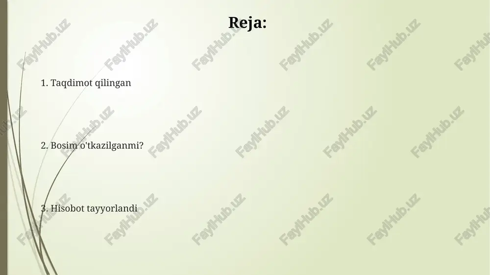 tilgan. bu ko'rsatkich o'tgan 5 yildagi eng yuqori ko'rsatkichdir. bosim o'tkazildi, ya'ni "applied pressure" iborasi, ko'pincha maqsadga erishish uchun 1 yoki undan ortiq shaxslarga ta'sir o'tkazishni anglatadi. bu ta'sir ijobiy yoki salbiy bo'lishi mumkin. "bosim o'tkazildi" vaziyatida 6 ta asosiy bosim o'tkazish usuli mavjud: ishontirish, talab qilish, tahdid qilish, ma'lumotni manipulyatsiya qilish, hissiy bosim va ijtimoiy bosim. uchlik taqqoslami uchlik taqqoslami uchlik taqqoslami – bu 3 o’lchamli koordinatalar sistemasida vektorlar uchun qo’llaniladigan matematik amaldir. natija vektor bo’lib, dastlabki ikkita vektorga perpendikulyar yo’nalgan 3-vektorni hosil qiladi. uchlik taqqoslami a, b va c vektorlari uchun (a x b) ⋅ c formula orqali hisoblanadi. bu yerda "x" vektor ko'paytmasi va "⋅" skalyar ko'paytmani ifodalaydi. natija - skalyar qiymat. taqdimotdan ustunlik taqdimot - bu muloqot vositasi, uni yaratish 5 bosqichdan iborat: maqsadni aniqlash, auditoriyani o'rganish, kontentni rejalashtirish, dizaynni ishlab chiqish va oxirgi tayyorgarlik. undan foydalanish samaradorlikni oshiradi. taqdimot materiallarining yaxlitligi auditoriyani diqqatini jalb qilishda …