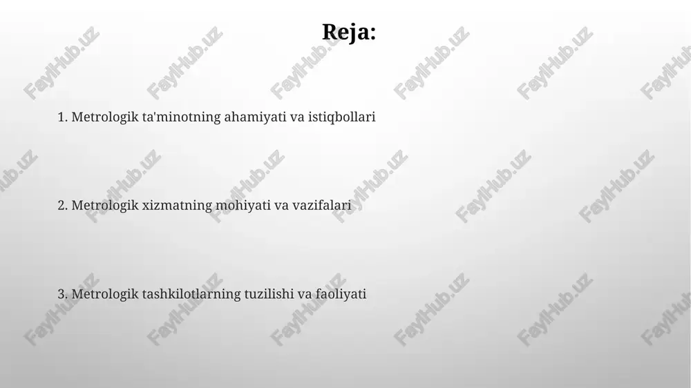 da metrologik ta'minot tizimi 1993-yilda tashkil etilgan bo'lib, o'lchovlarning yagona tizimini ta'minlash, standartlarni ishlab chiqish va ularga rioya etilishini nazorat qilish vazifasini bajaradi. o'zbekiston milliy metrologiya instituti (o'zmmi) tizimning asosiy organi bo'lib, milliy etalonlar bazasini saqlaydi va o'lchov vositalarini kalibrlash hamda sertifikatlashtirish xizmatlarini ko'rsatadi. metrologiya organlarining tuzilishi va funksiyalari metrologiya organlari tuzilishi ierarxik bo'lib, o'zbekiston standartlashtirish, metrologiya va sertifikatlashtirish agentligi (o'zstandart) boshqaruvchi rolini o'ynaydi, uning tarkibida 14 ta hududiy bo'lim mavjud. respublika sinov markazlari (rsm) milliy etalonlarni saqlash va ularni 1-darajali ishchi o'lchov vositalariga uzatish funksiyasini bajaradi, bu esa o'lchovlarning aniqligini ta'minlaydi. metrologik nazorat va tekshiruv davlat metrologik nazorati o'zbekistonda o'lchashlarning yagona tizimini ta'minlash maqsadida amalga oshiriladi, bu jarayonda 15 dan ortiq normativ hujjatlar qo'llaniladi. mahsulot sifatini baholashda metrologik tekshiruvlar muhim ahamiyatga ega, bunda xatoliklar 0.01% dan oshmasligi kerak, bu esa 100% aniqlikni ta'minlashga yo'naltirilgan. e'tiboringiz uchun rahmat @taqdimot_robot image2.png image5.jpg image6.jpg image7.jpg image8.jpg image9.jpg image10.jpg image11.jpg image3.png