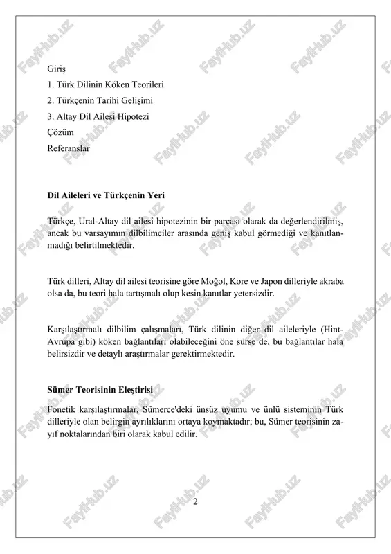 rlığını desteklemektedir, ancak bu konuda kesin bir kanıt bulunmamaktadır. türk dilinin kökenleri karşılaştırmalı dilbilim çalışmaları, türk dillerinin yapısında 8 adet ünlü uyumu ve çeşitli ses değişiklikleri gösterdiğini, bu da kökenleri hakkında önemli ipuçları sunmaktadır. türk dil ailesinin kökeni, mö 2500 yıllarına kadar uzanan, altay dağları civarında konuşulan varsayımsal bir proto-türk diline dayanmaktadır. dilbilimciler, türk dillerinin moğolca ve tunguzca ile akraba olabileceğini öne sürerek, 'altay dil ailesi' hipotezini oluşturmuşlardır, ancak bu teori hala tartışmalıdır. başlıca teoriler altay teorisiga ko'ra, turk, mo'g'ul va tungus-manjur tillari 8000 yillar avval umumiy proto-tilidan kelib chiqqan, garchi bugungi kunda bu bahsli bo'lib qolmoqda. ural-altay nazariyasi, turk va ural tillari o'rtasida genetik aloqa borligini taklif qiladi, lekin lingvistik dalillar bu aloqani isbotlash uchun yetarli emas. turk tillarining kelib chiqishi bo'yicha uchinchi nazariya, uni shimoliy xitoyda joylashgan va taxminan 2500 yil avval paydo bo'lgan deb hisoblaydi. proto-türkçe proto-türkçe'nin mö 2500 ila mö 2000 yılları arasında konuşulduğu tahmin edilmektedir; …