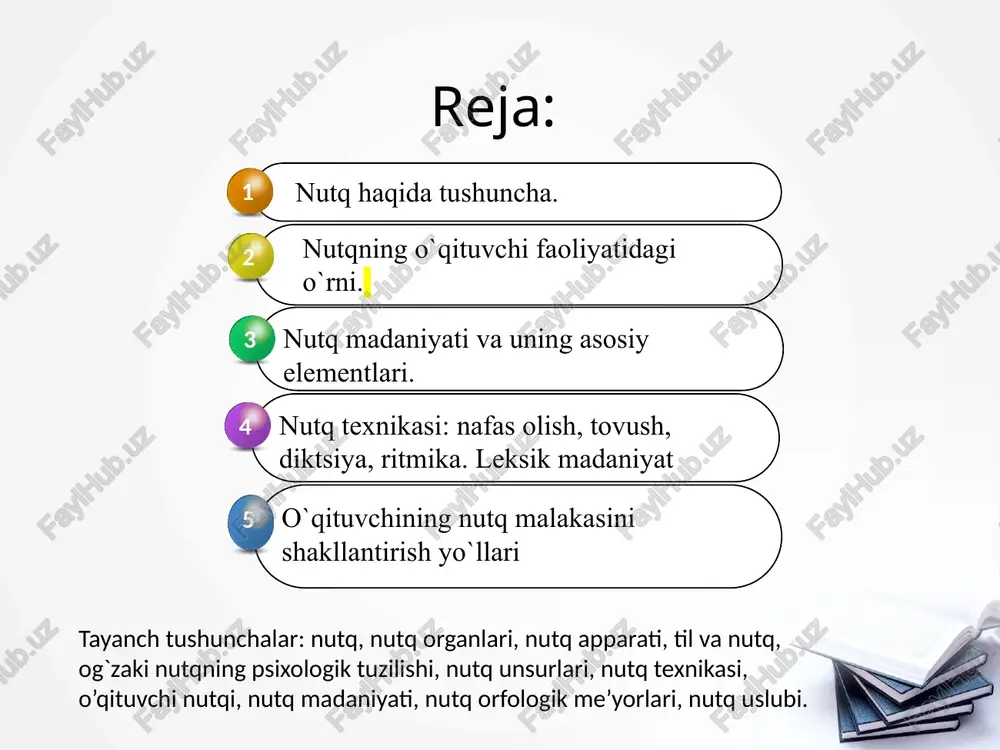 : monolog, dialog, polilog; yozma: doklad, referat, annotatsiya va boshqalar; ichki nuqt. shakllari pedagog ovozining kasbiy sifati: tembr, intonatsiya, diktsiya, temporitm (bir minuda 120 ta so’z). nutq texnikasi o’qish, yozish, gapirish. nutqiy faoliyat turlari talaffuzning aniqligi, ifodaviylik, emotsionallik, diktsiyaning tushunarligi, tovushlarning aniq talaffuz qilinishi, obrazlilik, nutq madaniyati, so’zdan foydalanish qoidalariga rioya qilish, temporitmga amal qilish. nutqga qo’yiladigan talablar monotonlik, temporitmning oshib ketishi, noto’g’ri diktsiya, so’zlarni noo’rin qo’llash, til qoidalarini buzish. nutqni egallashda yo’l qo’yiladigan kamchilikllar ilmiy, rasmiy, so’zlashuv, badiiy, ommabop. nutq uslublari pedagogik-psixologik adabiyotlar tahlili asosida nutqning quyidagi o’ziga xosliklarini ajratib ko’rsatish mumkin: muloqot, shaxsga ta’sir ko’rsatish, ta’lim va tarbiya vositasi. nutq madaniyati va notiqlik san’ati. notiqlik nutq madaniyati notiqlik *notiqlik san’ati uchun bular asosiy belgilar emas. *notiqlik san’ati og’zaki nutq san’atidir. *notiqni bir kishidan ortiq shaxslar tinglaydi nutq madaniyati *nutq madaniyati, chinakam ma’noda adabiy til bilan bog’liq hodi­sadir. *nutq madaniyati esa nutqning ham og’zaki, ham yozma shakli uchun taalluqli …