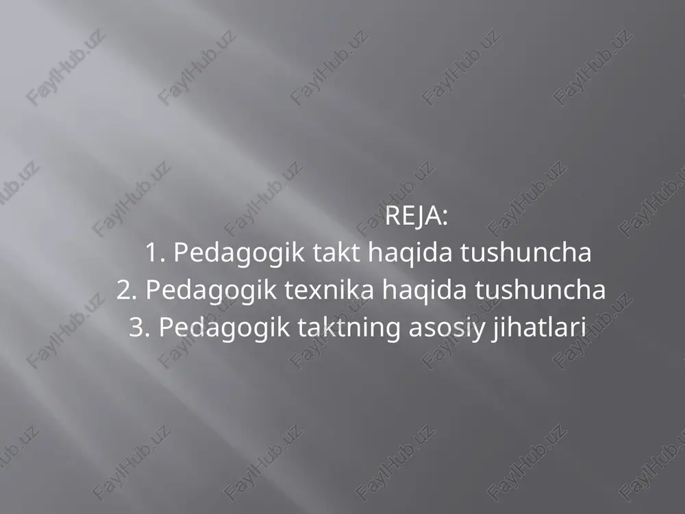 i (neverbal aloqa): mimika (yuz ifodalari) gestikulyatsiya (qo‘l harakatlari) pozitsiya va harakatlar orqali psixologik ta’sir 3. darsni boshqarish texnikasi: sinfdagi muhitni nazorat qilish faollikni rag‘batlantirish vazifalarni aniq va tushunarli berish 4. ta’sir ko‘rsatish texnikasi: rag‘batlantirish va tanqidni muvozanatlash o‘quvchini motivatsiya qilish pedagogik texnikani shakllantirish — o‘qituvchidan doimiy o‘rganish, o‘z ustida ishlash, o‘zini tahlil qilish va malaka oshirishni talab qiladi. pedagogik takt va texnika bir-birini to‘ldiradi — biri ruhiy-axloqiy asos bo‘lsa, ikkinchisi amaliy vositadir. ikkalasining uyg‘unligi o‘qituvchini haqiqiy pedagog sifatida kamol toptiradi. e’tiboringiz uchun rahmat! /docprops/thumbnail.jpeg