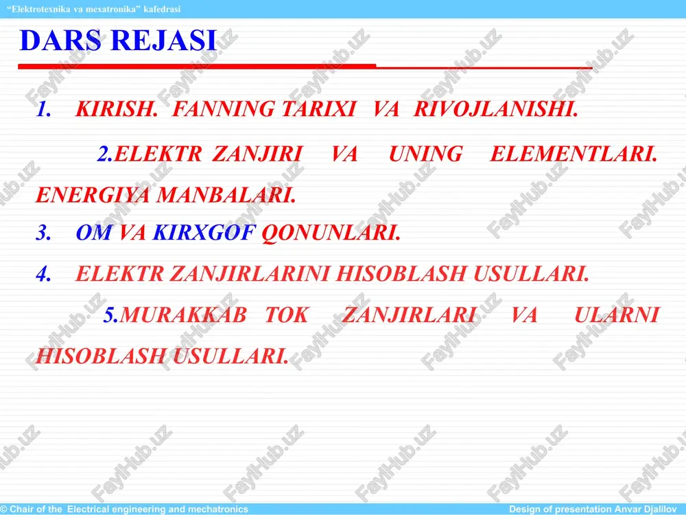 ektr energiyasini juda katta tezlik bilan istalgancha miqdorda va xohlagancha uzoq masofalarga uzatish mumkin; © chair of the electrical engineering and mechatronics design of presentation anvar djalilov kirish. fanning tarixi va rivojlanishi v) ekologik jihatdan toza, atrof muhitni ifloslantirmaydi, xidi yo’q, rangi yo’q, o’zidan chiqindi chiqarmaydi. elektrotexnika fanining rivojlantirishga rus olimlari va muhandislari katta hissa qo’shdilar. sh.kulon tomonidan elektr zaryadlarining o’zaro ta'siri qonunini yaratildi a.volta kuchlanishning birinchi elektro kimyoviy manbaasini o’rgandi 1785 v.petrov elektr yoyini hosil qildi 1799 1802 kirish. fanning tarixi va rivojlanishi a. amper toklarining oʻzaro mexanik taʼsiri (amper qonuni)ni kashf qilgan g.om elektr zanjirlariga oid om qonunini kashf etgan 1820 r.kirxgof tarmoqlangan zanjirlar boʻylab oquvchi elektr tokining taqsimlanish qonuniyatlari (kirxgof qoidalari)ni yaratgan 1826 1845 e.x.lents elektromagnit induktsiya hoidisasiga asos soldi 1834 m. faradey elektromagnit induksiya qonunini tajriba 1831 yo'li bilan kashf etgan va elektrokimyo qonunlarini birinchi bor o'rgangan kirish. fanning tarixi va rivojlanishi p.n.yablochkov elektr tarmog’ining muhim …