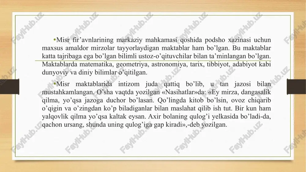maktablarga bolalar 5-6 yoshdan jalb etilib, harflar o’rgatilib, savodi chiqarilgan. bolalar maktabda husnixat bilan shug’ullanib, ular har kuni 3 sahifa yozishlari kerak bo’lgan. misrdagi o’rta va oliy maktablarning ko’pchiligi mirzolar tayyorlab chiqarganlar. uni «mirzolar maktabi» ham deyishgan. yunonistonda maktab va madaniyatning tez rivojlanishi pedagogika nazariyasining xam tug’ilishiga imkoniyat yaratdi. pedagogika nazariyasiga olim va faylasuflardan suqrot, platon, aristotel va demokritlar asos soldilar. ular o’z qarashlari bilan ta’lim-tarbiya rivojlanishiga juda katta xissa qo’shdilar. quyida bu faylasuf olimlar xaqida qisqacha to’xtalib o’tamiz. suqrot. (eramizdan avvalgi 469—399 yillar) o’zining demokratik ijtimoiy kelib chiqishiga qaramay (u kambag’al xunarmand, ya’ni xaykaltarosh o’g’li) konservativ zamindor aristokratlarning ideologi edi. bu albatta uning falsafiy va pedagogik qarashlarida o’z aksini topdi. suqrot dunyoning tuzilishini, buyumlarning fizik xolatini bilib bo’lmaydi, odamlar faqat o’zlarinigina bilishi, axloqni kamol toptirishi lozim deb xisoblar edi. suqrot faylasuf bo’lishi bilan birga ajoyib notiq xam edi. u keng maydonlarda so’zga chiqib, axloqa doir masalalar yuzasidan suxbatlar o’tkazar, …