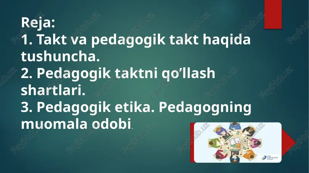 i.a. ta’lim va tarbiya – milliy taraqqiyotimiz asosi. – toshkent: o‘zbekiston, 1997. 3. “ta’lim to‘g‘risida”gi qonun. – toshkent: o‘zbekiston respublikasi oliy majlisi axborotnomasi, 1997. 4. “kadrlar tayyorlash milliy dasturi”. – toshkent: o‘zbekiston respublikasi oliy majlisi axborotnomasi, 1997. 5. hasanboyeva o. va boshqalar. pedagogika nazariyasi va tarixi. – toshkent: “fan va texnologiya”, 2020 image6.png image7.png image8.png image9.png image10.png image11.png image12.png image13.png image14.png image15.png image16.png image17.png image18.png image2.png image3.png image4.png image5.png /docprops/thumbnail.jpeg
