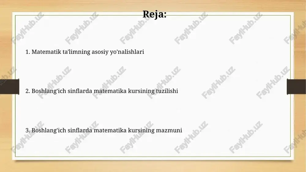 sinflarda matematika o‘qitishning maqsad va vazifalari yana bir vazifa, o‘quvchilarni mantiqiy fikrlashga o‘rgatish, oddiy matematik masalalarni yechish orqali ularning deduktiv va induktiv fikrlash qobiliyatlarini oshirish (masalan, 3+x=7 tenglamani yechish). boshlang‘ich matematika kursining maqsadi o‘quvchilarda 100 ichida sonlar, geometrik shakllar, o‘lchov birliklari haqida dastlabki tasavvurlarni shakllantirish va amaliy ko'nikmalarni rivojlantirishdir. e'tiboringiz uchun rahmat @taqdimot_robot image8.jpg image9.jpg image10.jpg image11.jpg image12.jpg image3.png image4.png