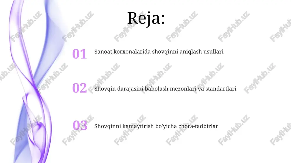 mini aniqlaydi, odatda 8 soatlik ish kunida 85 dba dan oshmasligi kerak. shovqin darajasini baholash mezonlari shovqinning chastotali spektri ham muhimdir. a og'irlikdagi o'lchov (dba) inson qulog'ining sezgirligini hisobga oladi, past chastotalar baland chastotalarga qaraganda kamroq ta'sir qiladi. shovqin darajasini baholashda gigienik me'yorlar qo'llaniladi, masalan, ish joylarida ruxsat etilgan maksimal shovqin darajasi 8 soatlik ish smenasi uchun 80-85 dba ni tashkil etadi. shovqinni o'lchash asboblari integral shovqin o'lchagichlar ma'lum bir vaqt oralig'ida shovqin darajasini o'lchaydi va o'rtacha darajani (leq) aniqlaydi, bu ishchilarning shovqinga ta'sirini baholash uchun muhimdir. chastota analizatorlari shovqinning chastota tarkibini aniqlaydi, bu esa shovqin manbasini topish va uni kamaytirish strategiyalarini ishlab chiqishda yordam beradi (oktava, 1/3 oktava filtrlari). shovqinni o'lchash jarayoni (bosqichlar) shovqinni o'lchash jarayonida birinchi bosqich – bu maqsadni aniqlash, masalan, osha standartlariga mos kelish yoki individual xodimning shovqin ta'sirini baholash. keyingi bosqich – asboblarni tanlash. odatda, shovqin o'lchagich (sound level meter) a chastota vazni va sekin …