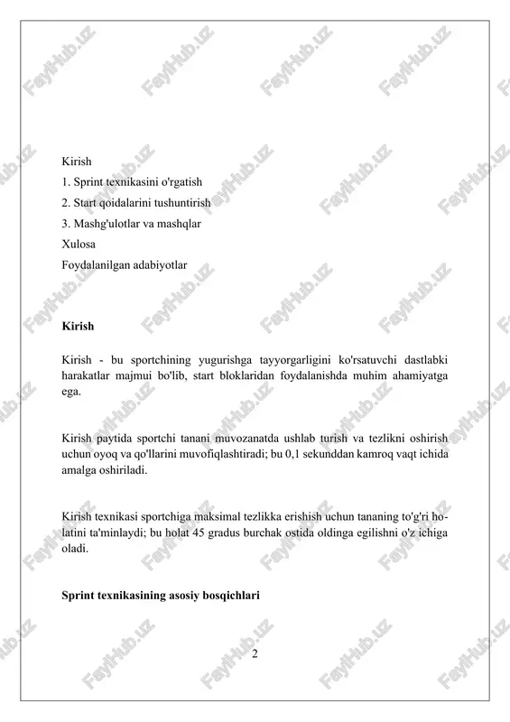 gi oldinga qarab 45 gradus burchak ostida joylashadi, bu kuchni gorizontal yo'nalishda samarali qo'llash imkonini beradi. qadam uzunligi asta-sekin oshib boradi, dastlabki qadamlar qisqa va tez bo'lib, 10-20 metrdan so'ng maksimal tezlikka erishish uchun uzayadi. qo'llarning harakati katta amplitudaga ega bo'lishi kerak, bu oyoqlarning harakatiga sinxron ravishda yordam beradi va 0 dan 30 metrgacha bo'lgan tezlanishni optimallashtiradi. maksimal tezlik bosqichi maksimal tezlik bosqichida sprinter taxminan 45 metrdan 75 metrgacha boʻlgan masofani bosib oʻtadi, bunda oyoq-qoʻl harakatlari tezligi va qadam uzunligi eng yuqori nuqtaga yetadi. bu bosqichda sportchi tanasini taxminan 5-10 gradus oldinga egib turishi, har bir qadamda kuchli va samarali itarilishni ta'minlashi kerak. maksimal tezlikni saqlab qolish uchun oyoq erga tushish vaqti qisqa boʻlishi, taxminan 0.08-0.10 sekundni tashkil etishi, hamda tizzalar baland koʻtarilishi zarur. tezlikni ushlab turish bosqichi tezlikni ushlab turish bosqichi taxminan 30 metrdan 60 metrgacha davom etadi, sprintning maksimal tezligiga erishiladi va uni ushlab turishga qaratiladi, energiya sarfini …