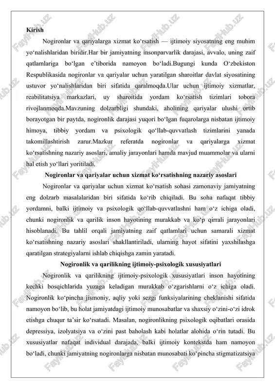 i bosqichlarida yuzaga keladigan murakkab o‘zgarishlarni o‘z ichiga oladi. nogironlik ko‘pincha jismoniy, aqliy yoki sezgi funksiyalarining cheklanishi sifatida namoyon bo‘lib, bu holat jamiyatdagi ijtimoiy munosabatlar va shaxsiy o‘zini-o‘zi idrok etishga chuqur ta’sir ko‘rsatadi. masalan, nogironlikning psixologik oqibatlari orasida depressiya, izolyatsiya va o‘zini past baholash kabi holatlar alohida o‘rin tutadi. bu xususiyatlar nafaqat individual darajada, balki ijtimoiy kontekstda ham namoyon bo‘ladi, chunki jamiyatning nogironlarga nisbatan munosabati ko‘pincha stigmatizatsiya va cheklovlarga olib keladi. tahlil qilganda, nogironlikning ijtimoiy-psixologik xususiyatlari ikki asosiy yo‘nalishda ko‘rib chiqilishi mumkin: birinchidan, shaxsiy darajadagi psixologik moslashuv jarayonlari; ikkinchidan, jamiyatdagi ijtimoiy tarmoqlar va resurslarning ta’siri.nogironlikning psixologik jihatlari ko‘pincha hayot sifatining pasayishi bilan bog‘liq bo‘lib, bu depressiv holatlarning kuchayishiga sabab bo‘ladi. masalan, nogironlik yuzaga kelganda, shaxs o‘zining mustaqilligini yo‘qotishi mumkin, bu esa o‘z-o‘zini hurmat qilish darajasini pasaytiradi va ijtimoiy izolyatsiyaga olib keladi. tadqiqotlar shuni ko‘rsatadiki, nogironlikning psixologik oqibatlari hayot davomida rivojlanib, o‘rta yoshdan keyin kuchayadi, chunki bu davrda ijtimoiy rollar o‘zgarishi …