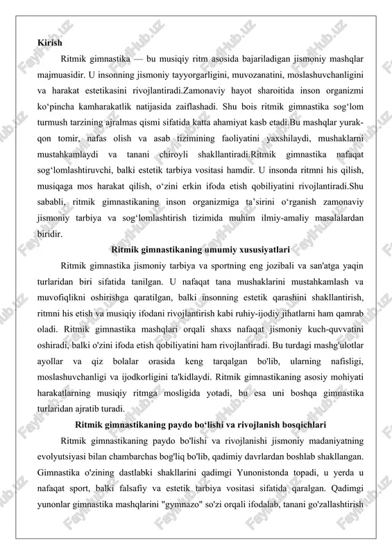tikaning paydo bo‘lishi va rivojlanish bosqichlari ritmik gimnastikaning paydo bo'lishi va rivojlanishi jismoniy madaniyatning evolyutsiyasi bilan chambarchas bog'liq bo'lib, qadimiy davrlardan boshlab shakllangan. gimnastika o'zining dastlabki shakllarini qadimgi yunonistonda topadi, u yerda u nafaqat sport, balki falsafiy va estetik tarbiya vositasi sifatida qaralgan. qadimgi yunonlar gimnastika mashqlarini "gymnazo" so'zi orqali ifodalab, tanani go'zallashtirish va ruhiy kuch-quvvatni mustahkamlashni maqsad qilganlar. bu davrda mashqlar ko'pincha musiqiy hamrohlik bilan bajarilgan, ammo bu hali ritmik gimnastikaning to'liq shakli emas edi. o'rta asrlarda gimnastika diniy va harbiy tarbiya doirasida rivojlangan, ammo xviii-xix asrlarda yevropada yangi bosqich boshlangan. bu davrda shved pedagogi p.g. ling gimnastika tizimini tizimlashtirgan bo'lib, u mashqlarni sog'liqni saqlash va kasbiy tayyorgarlik uchun ishlatgan. lingning yondashuvi ritmik elementlarni kiritishga zamin yaratgan, chunki u mashqlarni ritmik va tartibli bajarishni ta'kidlagan.ritmik gimnastikaning zamonaviy shakli xx asrning birinchi yarmida shakllangan. 1900-yillarda daniya va shvetsiyada ritmik mashqlar ommalashgan, bu yerda ular ayollar uchun maxsus mo'ljallangan edi. 1928-yilda …