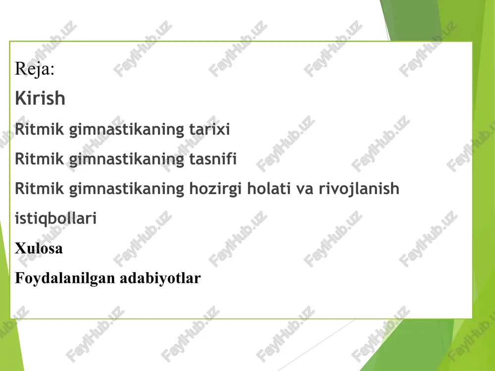 a guruhlari tashkil etildi. bu guruhlar sog'liq va samaradorlikni oshirish maqsadida ishlatildi. 1934 yilda moskva jismoniy madaniyat institutida "san'at harakati va akrobatikasi" bo'limi tashkil etildi, 1932 yilda esa yuqori maktabda san'at harakati bo'limi ochildi. 20-asrda ritmik gimnastikaning shakllanish jarayoni ritmik gimnastikaning tasnifi ritmik gimnastika elementlari texnik va badiiy qismlarga bo'linadi, bu tasnif sportning ikki asosiy tamoyilini – aniqlik va estetikani – aks ettiradi. texnik elementlar asosiy qiyinliklarni (difficulty) belgilab, sportchining jismoniy va asbob boshqaruv ko'nikmalarini sinovdan o'tkazadi. ular ikki guruhga bo'linadi: tana qiyinliklari (body difficulties) va asbob qiyinliklari (apparatus difficulties). texnik va badiiy elementlar tasnifi gimnastika akrobatika sport akrobatika (yun. akrobotes – oyoq uchida yuraman, yuqoriga chiqaman) asosiy davolash badiiy ritmik gimnastikaning hozirgi holati va rivojlanish istiqbollari ritmik gimnastika zamonaviy sportning eng jozibali va san'atga yaqin turlaridan biri sifatida o'zining dinamik rivojlanish yo'lida turibdi. bu sport turi nafaqat jismoniy qobiliyatlarni mukammallashtirish, balki estetik va musiqiy ifodani ham talab etadi, shu …