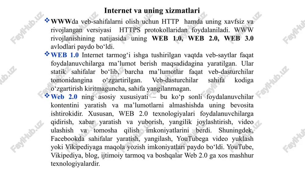 – elektron pochtaga ixtiyoriy qurilmadan bog‘lanish imkonini beradi, pochta serveri hamda pochta mijozi o‘rtasidagi muloqotni ta’minlaydi; pochta aloqasi protokolining 3-versiyasi (pop3 – post office protocol 3) – xabarlarni elektron pochta orqali qabul qilish uchun ishlatiladi; oddiy pochta uzatish protokoli (smtp – simple mail transfer protocol) – xabarlarni elektron pochta orqali yuborish uchun ishlatiladi; fayllarni uzatish protokoli (ftp – file transfer protocol) – internetdagi fayllarni uzatish va boshqarish uchun ishlatiladi; audio va videoqo‘ng‘iroqlar xizmati internet orqali ovoz yuborish protokoli (voip – voice over internet protocol) – internet orqali ovozli ma’lumot (telefon qo‘ng‘iroqlari)ni uzatish uchun ishlatiladi. ushbu texnologiyaning rivojlanishi natijasida audio va videoqo‘ng‘iroqlarni amalga oshirish imkoniyati paydo bo‘ldi. voip – ovozni raqamli signalga aylantiruvchi, foydalanuvchiga internet orqali bir nechta foydalanuvchi bilan gaplashish imkonini beruvchi raqamli aloqa turi. voip xizmatlarini taqdim etuvchilar: skype, google hangouts, whatsapp, teamspeak, telegram va h. k. streaming – foydalanuvchiga internet orqali jonli voqea, serial, film, sport tadbirlarini ko‘rish …