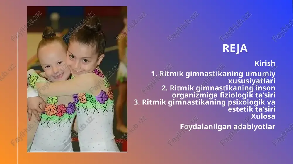ga xos texnika va maqsadlarga ega. umumiy tasnifda gimnastika mashqlari quyidagi guruhlarga bo'linadi: asosiy (umumrivojlantiruvchi), qo'shimcha (maxsus) va tayyorgarlik mashqlari. ritmik gimnastikada bu turlar musiqiy ritmga moslashtirilgan holda bajariladi, bu esa harakatlarning silliqligini ta'minlaydi. 6 ritmik gimnastikaning inson organizmiga fiziologik ta’siri 8 yurak-qon tomir tizimiga ijobiy ta’siri mushaklar va tayanch-harakat apparatining mustahkamlanishi nafas olish va asab tizimi faoliyatiga ta’siri ritmik gimnastikaning psixologik va estetik ta’siri ritmik gimnastika zamonaviy jamiyatda nafaqat jismoniy faollikning muhim shakli, balki inson psixikasiga va estetik qarashlariga chuqur ta'sir etuvchi faoliyat turi sifatida e'tirof etilmoqda. bu sport turi musiqiy ritm, harakatlarning ajoyib uyg'unligi va buyumlar bilan ishlash orqali shaxsning ichki dunyosini boyitadi, uning emotsional holatini mustahkamlaydi va estetik didini takomillashtiradi. 9 diqqat, muvozanat va tafakkurni rivojlantirishdagi o‘rni ritmik gimnastika diqqat, muvozanat va tafakkur kabi psixologik jarayonlarni rivojlantirishda alohida o'rin tutadi. bu sport turida har bir harakat musiqiy ritmga moslashtirilgan bo'lib, shu sababli, mashg'ulotlar davomida ishtirokchilar o'z e'tiborlarini …