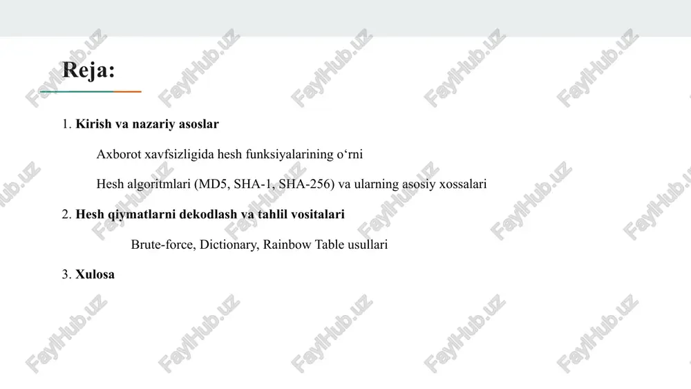 tsiya). preimage qarshiligi – berilgan heshdan asl xabarni topish amalda imkonsiz (≈2^256). length-extension mavjud – sha-256 merkle–damgård konstruktsiyasidan kelib chiqib length-extension hujumiga ochiq; autentifikatsiya uchun hmac-sha256 ishlating. hesh qiymatlarni dekodlash va tahlil vositalari brute-force nima? brute-force (zoʻravon qidiruv) — bu hash yoki parolni topish uchun barcha mumkin boʻlgan kombinatsiyalarni ketma-ket sinab chiqish usuli. yaʼni, agar parol 4 belgidan iborat boʻlsa, brute-force hamma 4 belgili kombinatsiyalarni tekshiradi — oxirida toʻgʻrisi chiqadi (ammo vaqt talab qiladi). brute-force qanday ishlaydi dastlabki taxmin: barcha mumkin belgilar va maksimal uzunlik aniqlanadi (masalan: kichik+katta+hajmlar+raqam+simvollar). har bir kombinatsiya uchun: kombinatsiya parol sifatida olinadi. parol hash qilinadi (yoki, baʼzi holatlarda, parol toʻgʻridan-toʻgʻri tekshiriladi). hosil bo‘lgan hash maqsadiy hash bilan taqqoslanadi. agar mos kelsa — parol topildi; aks holda davom etadi. dictionary dictionary (lug‘at) hujumi — nima? dictionary hujumi — bu parolni topishda “oldindan tayyorlangan so‘zlar roʻyxati” (lugʻat, wordlist) ishlatiladigan usul. brute-force kabi barcha kombinatsiyalarni tekshirmaydi, balki odamlar ishlatishi …
