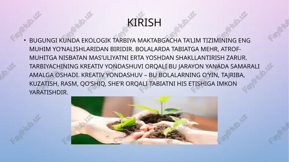 uhim. masalan, gul ekish, suv quyish, daraxtni parvarishlash, tabiat burchagini tashkil etish, qog‘oz chiqindilarini qayta ishlash kabi ishlar ularda mas’uliyat va e’tibor uyg‘otadi. tajriba va kuzatuvlar kreativ tarbiyachi bolalar bilan tabiat hodisalarini kuzatadi, tajribalar o‘tkazadi. masalan, suv bug‘lanishi, urug‘ning unib chiqishi, qushlarning hayoti haqida kuzatuvlar olib borish orqali ularning tafakkurini rivojlantiradi. bu orqali bolalar tabiat qonuniyatlarini tushunishni o‘rganadilar. tabiat burchagi roli har bir guruhda tabiat burchagi tashkil etilishi kerak. unda jonli o‘simliklar, akvariumdagi baliqlar, qushlar bo‘lishi mumkin. tarbiyachi bolalarni ularni parvarishlash, suv quyish, barglarini artish, o‘simliklar o‘sishini kuzatish jarayonlariga jalb etadi. bu ekologik tarbiyaning eng samarali shaklidir. ijodiy loyihalar bolalar bilan birgalikda tabiatni asrashga bag‘ishlangan ijodiy loyihalar tashkil etish mumkin. masalan, ‘yashil maktabcha’ loyihasi doirasida bolalar daraxt ekish, chiqindilardan badiiy buyumlar yasash, rasmlar chizish orqali ekologik tafakkurlarini kengaytiradilar. ota-onalar bilan hamkorlik ekologik tarbiyada ota-onalarning ishtiroki juda muhim. tarbiyachi ota-onalarga maslahatlar beradi, oilaviy tadbirlar o‘tkazadi, ekologik marafonlarda bolalar bilan birga qatnashishga …
