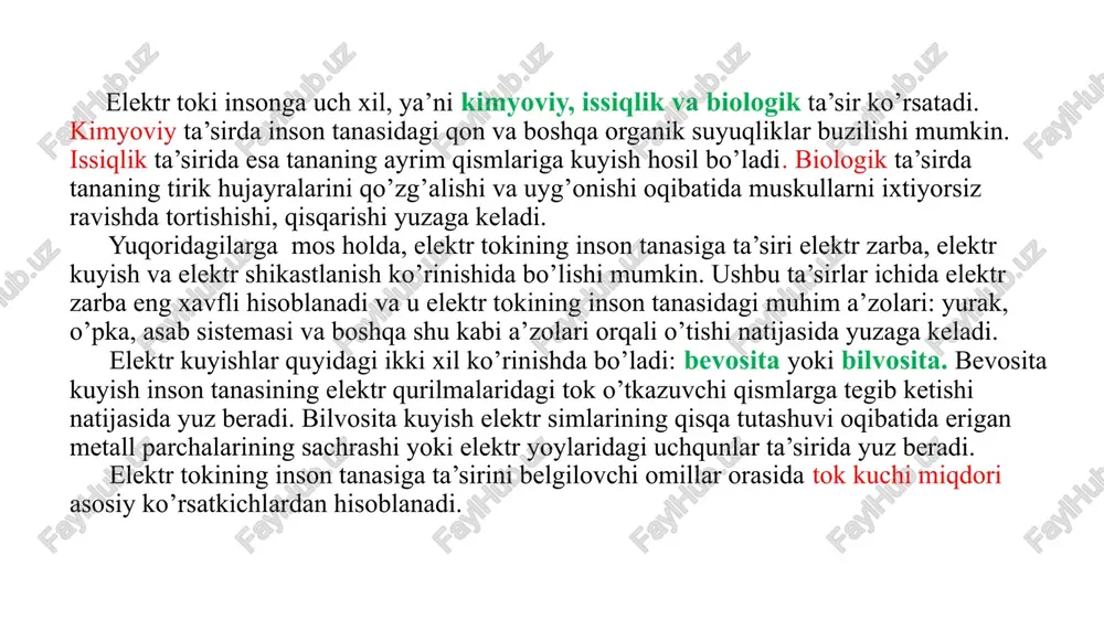 asida yuz beradi. bilvosita kuyish elektr simlarining qisqa tutashuvi oqibatida erigan metall parchalarining sachrashi yoki elektr yoylaridagi uchqunlar ta’sirida yuz beradi. elektr tokining inson tanasiga ta’sirini belgilovchi omillar orasida tok kuchi miqdori asosiy ko’rsatkichlardan hisoblanadi. 2 tok kuchini inson tanasiga ta’siri darajasiga qarab quyidagi guruhlarga ajratishimiz mumkin: 1. sezilarli tok (2 ma gacha). 2. qo’yib yubormaydigan tok (10 … 25 ma). 3. fibrillatsion tok (50 ma dan yuqori). elektr tokidan shikastlanishda inson tanasining qarshiligi muhim rol o’ynaydi. inson tanasining qarshiligi muhim rol o’ynaydi. inson tanasining elektr toki ta’siriga qarshiligi terining holatiga (quruq yoki ho’l, dag’al yoki mayin, jarohatlangan yoki jarohatlanmagan), elektr simi bilan bog’lanish yuzasiga va darajasiga, tok kuchi va tok chastotasiga, tokning inson tanasi orqali o’tish yo’liga hamda ta’sir vaqtiga bog’liq bo’ladi. inson tanasining elektr qarshiligi 1000 om. dan 100000 om. gacha bo’lishi mumkin. odamning tok ta’siriga qarshiligi 30 sek. dan keyin taxminan 25 %, 90 sek. dan keyin …