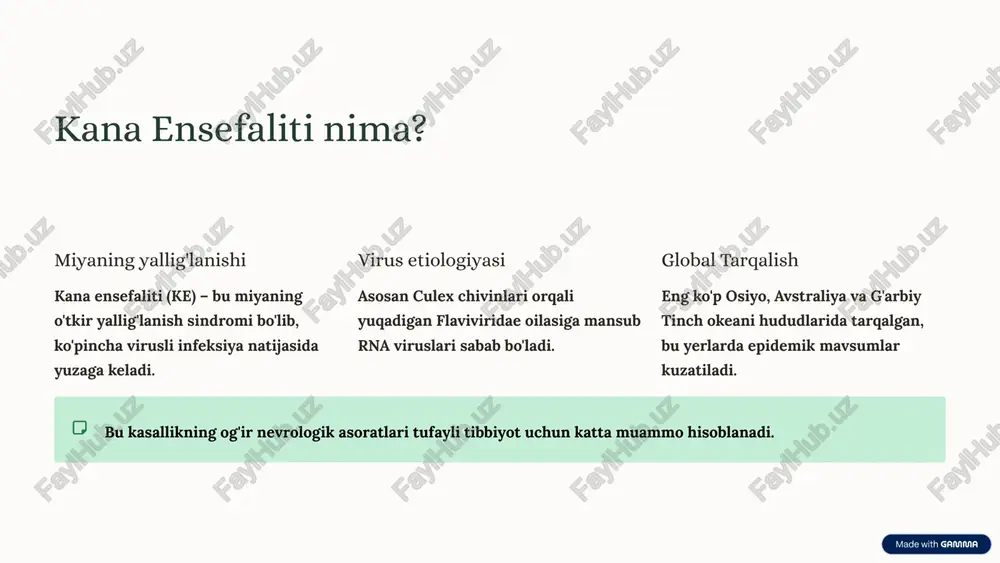 ategiyalari ke uchun maxsus antiviral dori mavjud emas. davolash simptomatik va qo'llab-quvvatlovchi choralar ustiga qurilgan. qo'llab-quvvatlovchi terapiya bemorning yotqizilishi, tana haroratini (isitmani) nazorat qilish, suyuqlik va elektrolitlar muvozanatini saqlash. og'riq qoldiruvchi dorilar. asoratlarni boshqarish og'ir ensefalopatiya va koma holatlarida reanimatsiya bo'limi zarur. nafas olishni qo'llab-quvvatlash va miya shishini kamaytirish choralari. tutqanoqqa qarshi davo tutqanoq holatlari keng tarqalgan bo'lib, ularni to'xtatish uchun maxsus antikonvulsant dorilar darhol qo'llanilishi kerak. kelajak istiqbollari immun tizimini bostiruvchi dori vositalari faqat ke ga o'xshash autoimmun ensefalitda qo'llaniladi. ke uchun maxsus dori izlanmoqda. 5 klinik ko‘rinishlar: kasallikning bosqichlari ke infeksiyasining erta, o'tkir va kechki nevrologik bosqichlari prodromal bosqich 1-6 kun: yuqori harorat, keskin bosh og'rig'i, bezovtalik, qusish va diareya. o'tkir ensefalitik bosqich 7-14 kun: ongning buzilishi, uyquchanlik (letargiya), koma, titroq (tremor), harakat (ekstrapiramidal) buzilishlari. asoratlar bolalarda tutqanoq va uzoq muddatli nevrologik nuqsonlar (aqliy zaiflik, harakat buzilishlari) keng tarqalgan. muhim eslatma: ko'pchilik bemorlar (taxminan 99%) asimptomatik yoki yengil …