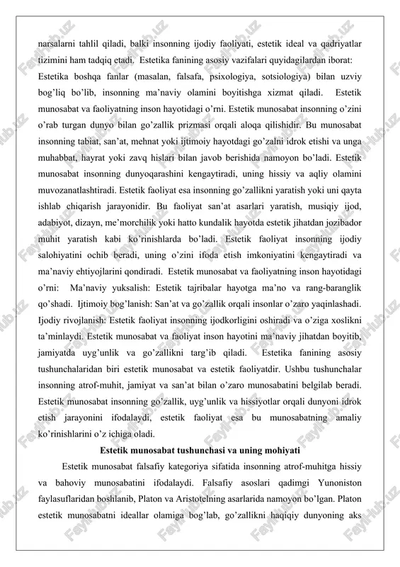 inlashadi. ijodiy rivojlanish: estetik faoliyat insonning ijodkorligini oshiradi va o’ziga xoslikni ta’minlaydi. estetik munosabat va faoliyat inson hayotini ma’naviy jihatdan boyitib, jamiyatda uyg’unlik va go’zallikni targ’ib qiladi. estetika fanining asosiy tushunchalaridan biri estetik munosabat va estetik faoliyatdir. ushbu tushunchalar insonning atrof-muhit, jamiyat va san’at bilan o’zaro munosabatini belgilab beradi. estetik munosabat insonning go’zallik, uyg’unlik va hissiyotlar orqali dunyoni idrok etish jarayonini ifodalaydi, estetik faoliyat esa bu munosabatning amaliy ko’rinishlarini o’z ichiga oladi. estetik munosabat tushunchasi va uning mohiyati estetik munosabat falsafiy kategoriya sifatida insonning atrof-muhitga hissiy va bahoviy munosabatini ifodalaydi. falsafiy asoslari qadimgi yunoniston faylasuflaridan boshlanib, platon va aristotelning asarlarida namoyon bo’lgan. platon estetik munosabatni ideallar olamiga bog’lab, go’zallikni haqiqiy dunyoning aks etishi deb hisoblagan. aristotel esa estetik munosabatni mimesis (taqlid) orqali izohlagan, ya’ni insonning tabiat va jamiyatni taqlid qilish orqali go’zallikni idrok etishini ta’kidlagan.zamonaviy falsafada estetik munosabat "estetik munosabat" (aesthetic attitude) tushunchasi bilan bog’liq. bu munosabat insonning ob’ektga befarq …