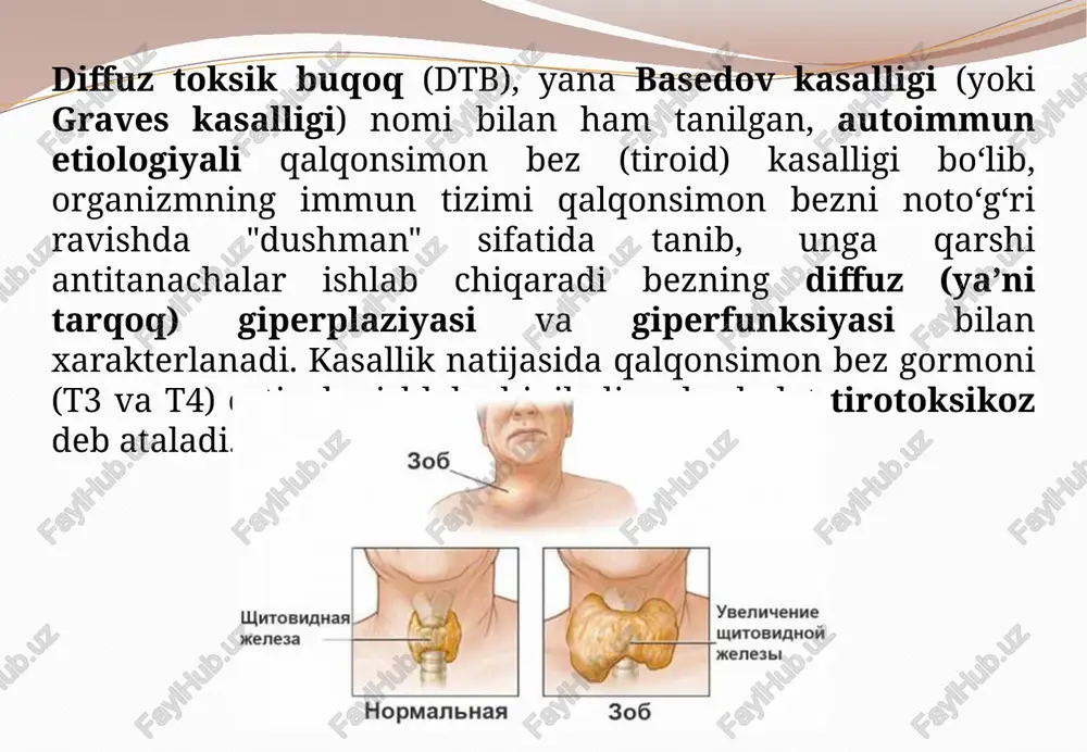 k bo‘lib, uning patogenezi quyidagi bosqichlardan iborat. ushbu jarayon asosida tsh reseptorlariga qarshi antitanachalar hosil bo‘lishi va ular ta’sirida qalqonsimon bezning giperfunksiyasi (ortiqcha ishlashi) yotadi. 1. autoimmun javobning shakllanishi genetik moyillikka ega odamlarda (hla-dr3, hla-b8 genlari bilan bog‘liq) va/yoki tashqi omillar (viruslar, stress, yod) ta’sirida immun tizim buziladi. immun tizimi qalqonsimon bezning tsh-reseptorlarini begona sifatida qabul qiladi. natijada, tsh-reseptorlariga qarshi autoantitanachalar (trab – tsh receptor antibodies) hosil bo‘ladi. 2. antitanachalarning tsh-reseptorlariga ta’siri trab antitanachalar tsh gormoniga o‘xshash tarzda tsh reseptorlariga birikadi. ammo farqi shundaki, bu birikish uzoq davom etadi va doimiy rag‘batlantiradi. natijada, qalqonsimon bez doimiy stimulyatsiya holatida bo‘ladi → giperplaziya (kattalashadi) va giperfunktsiya (ko‘p gormon ishlab chiqaradi) yuz beradi. 3. qalqonsimon bez gormonlarining ortiqcha ishlab chiqilishi t3 (triyodtironin) va t4 (tiroksin) gormonlari me’yordan ortiqcha ishlab chiqariladi. bu gormonlar metabolik jarayonlarni tezlashtiradi, ya'ni: energiya almashinuvi kuchayadi nerv tizimi qo‘zg‘aluvchan bo‘ladi yurak tez uradi termoregulyatsiya buziladi gipotolamo-gipofizar tizim bu holatni aniqlaydi …