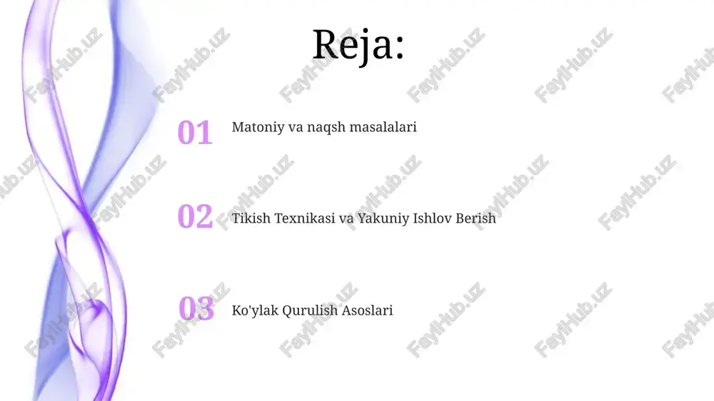 yakuniy bezaklar: kiyimni tugatish uchun tugmalar, tugma teshiklari, yopish va bezaklar kabi tafsilotlarni qo'shish. yoqa va manjet tikuvi yaka va manjet tikish, ko'ylak tanasiga yaka va manjetlarni tikish va ulashni o'z ichiga oladi, bu esa toza va professional tugatishni ta'minlaydi. konstruksi texnikasi ko'ylak uslubi va istalgan estetikaga qarab, oddiy va murakkab dizaynlardan boshlab, turlicha bo'ladi. ayollar ko'ylagi tikishida shakllantirish, naqsh kesish, tikish va tugatish texnikalari, ayniqsa yoqimli va qulay uslublar yaratish uchun mo'ljallangan. taqdimot va moslik kiyimning silueti va tanadagi o'zini qanday tutishini ta'kidlaydi. tikuv: kiyimni yaratishda ishlatiladigan texnikalarni, shu jumladan, tikuvlar, yopiqlar va mato manipulyatsiyasini o'z ichiga oladi. taqdimot: ko'ylakning umumiy vizual jozibadorligini, shu jumladan rangi, matolari va tafsilotlarini o'z ichiga oladi. e'tiboringiz uchun rahmat @taqdimot_robot image1.jpeg image2.jpeg image3.jpeg