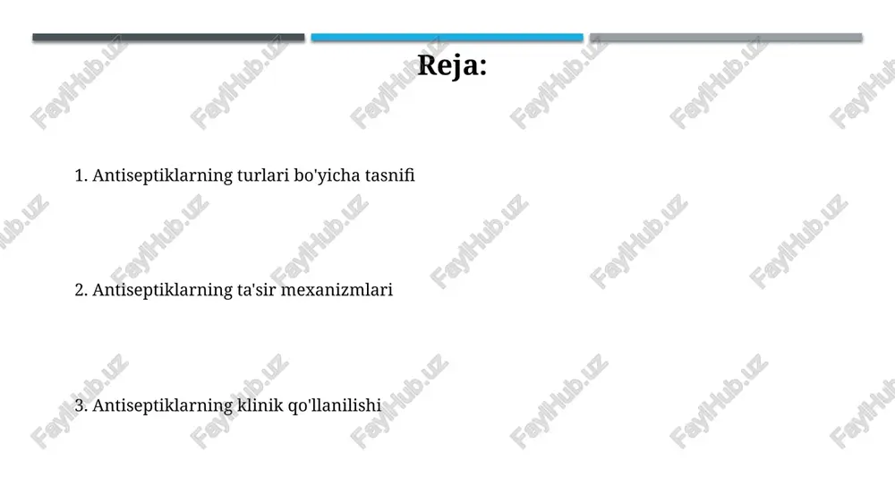 aturatsiya qiladi va mikroorganizmlarning hujayra tuzilmalarini oksidlaydi, shu orqali 0.02% dan 0.05% gacha konsentratsiyalarda samarali ta’sir etadi. natriy gipoxlorit (naocl) koʻpincha xlorli antiseptik sifatida ishlatiladi va yaralarni tozalashda, shuningdek tibbiy asboblarni dezinfeksiya qilishda qoʻllaniladi, odatda 0.5% dan 1% gacha eritmalarda. vodorod peroksid va boshqa oksidlovchi moddalar vodorod peroksid (h2o2) kuchli oksidlovchi boʻlib, 3% eritmasi kundalik antiseptik sifatida ishlatiladi. u toʻqimalar bilan aloqada boʻlganda kislorod ajratib, mikroorganizmlarni yoʻq qiladi. boshqa oksidlovchi moddalar, masalan, kaliy permanganat (kmno4) ham antiseptik xususiyatga ega. konsentratsiyasi 0.1% dan 1% gacha boʻlgan eritmalari yaralarni dezinfeksiya qilish uchun ishlatiladi. kvars tuzlari va boshqa metallar simob tuzlari, masalan, simob xlorid (hgcl2), kuchli antiseptik xususiyatlarga ega bo'lib, oqsillarni denaturatsiya qilish orqali mikroorganizmlarni yo'q qiladi, lekin toksikligi tufayli kam qo'llaniladi. kumush nitrat (agno3) eritmalari 0.5% dan 1% gacha bo'lgan konsentratsiyalarda yangi tug'ilgan chaqaloqlarning ko'zlarida gonokok infektsiyasining oldini olish uchun ishlatiladi, shuningdek, kuyishlarni davolashda foydalaniladi. antiseptiklarni qo'llash va xavfsizlik choralari antiseptiklarni qo'llashda …