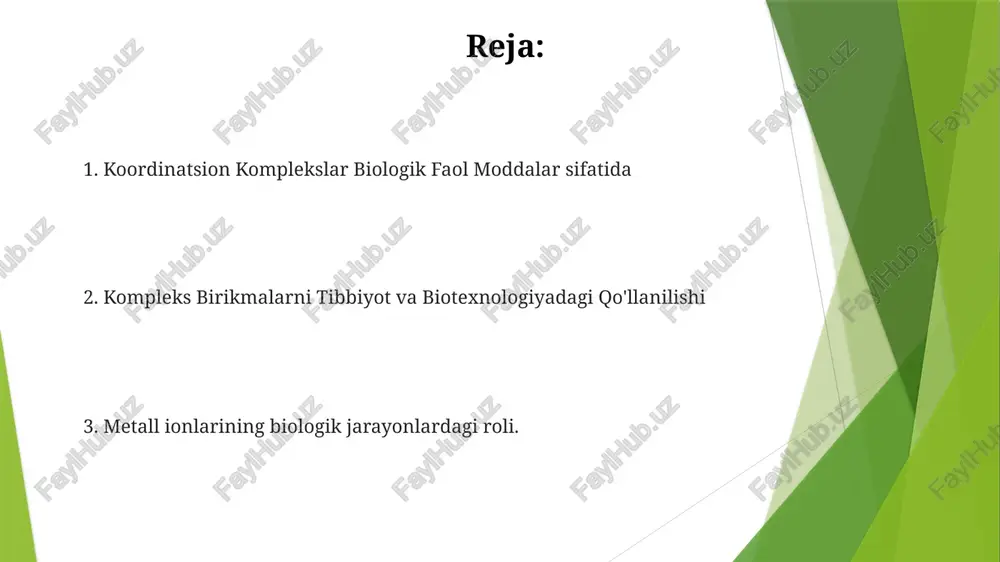 aniqlaydi. murakkab birikmalar katalizator sifatida bu birikmalar ko'pincha biologik nishonlar bilan o'ziga xos ta'sirlarni namoyon qiladi. murakkab birikmalar katalizator vazifasini bajarishi mumkin, kimyoviy reaksiyalarni tezlashtiradi. murakkab birikmalardagi izomerlar metall komplekslari tibbiyotda turli xil kasalliklarni, jumladan saraton va infektsiyalarni davolashda qo'llaniladi. izomerlar bir xil formulaga ega, lekin ligandlarning turli xil joylashuvi bor, bu rang va reaktivlik kabi xususiyatlarga ta'sir qiladi. biologik jihatdan faol murakkab birikmalar misollari qand miqdorini tartibga soluvchi insulin kabi gormonlar. murakkab birikmalarning biologik rollari murakkab birikmalar biologik jarayonlarda, jumladan metabolizmda, hujayra signallashida va strukturaviy qo'llab-quvvatlashda muhim rol o'ynaydi. ko'pgina murakkab birikmalar gormonlar, fermentlar va neyrotransmitterlar kabi biologik faol moddalar vazifasini o'taydi va turli fiziologik funktsiyalarga ta'sir qiladi. e'tiboringiz uchun rahmat @taqdimot_robot image1.jpg image2.jpg image3.jpg image4.jpg image5.jpg image6.jpg image7.jpg image8.jpg image9.jpg image10.jpg image11.jpg