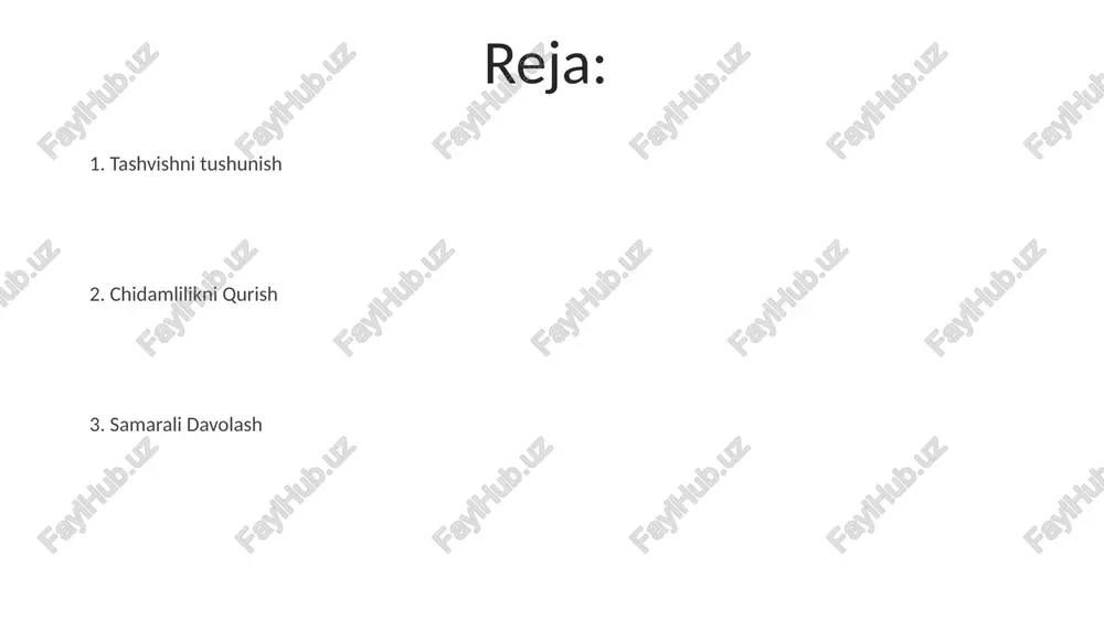 tashvish belgilarini boshqarish uchun terapiya bilan birgalikda qo'llanilishi mumkin. xavotirlanish odam uchun tabiiy tuyg'u, lekin haddan tashqari yoki doimiy bo'lganda muammo tug'dirishi mumkin. xavotirni davolashda kognitiv-xulq terapiyasi (kxt) kabi psixologik terapiyalar juda samarali. xavotirlanish belgilari tinchlanmaslik, tez yurak urishi, terlash, titrash, diqqatni jamlay olmaslik. davolash, dori-darmon, turmush tarzini o'zgartirish. bo'shashish texnikalari, qo'llab-quvvatlash guruhlari, sog'lom moslashish mexanizmlari. doktor tomonidan belgilangan dorilar tashvish alomatlarini boshqarishga yordam beradi, lekin terapiya ko'pincha dorilar bilan birgalikda tavsiya etiladi. kognitiv xulq-atrof-muhit terapiyasi (kxt) salbiy fikrlarni va xatti-harakatlarni aniqlash va o'zgartirishga yordam beradi. chuqur nafas olish, meditatsiya va yoga kabi hushyorlik va dam olish texnikalari tashvish alomatlarini kamaytirishi mumkin. engillash strategiyalari xavotirlanish sabablari * **cognitive behavioral therapy (cbt):** kognitiv xulq-atrof muolajasi (kxam) * **mindfulness-based therapy (mbt):** e'tiborlilikka asoslangan terapiya (eat) davolash, dorilar, turmush tarzi o'zgarishi. genetika, stressli hayot voqealari va shaxsiyat xususiyatlari. chuqur nafas olish va hushyorlik kabi dam olish texnikalari stress va tashvishni kamaytirishi mumkin. kognitiv-xulq …